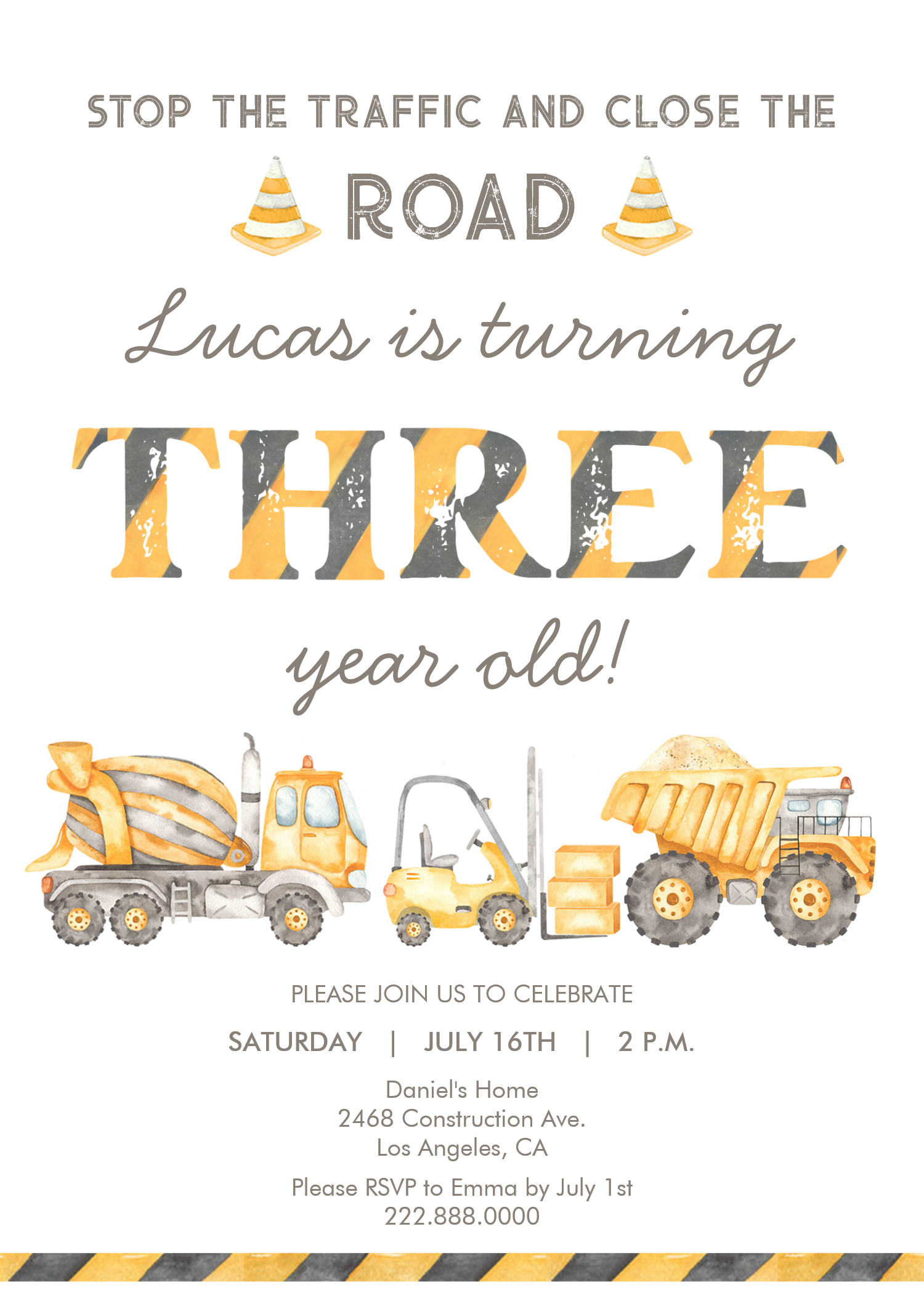 Construction Dump Truck 3rd Boys First Birthday Invitation
