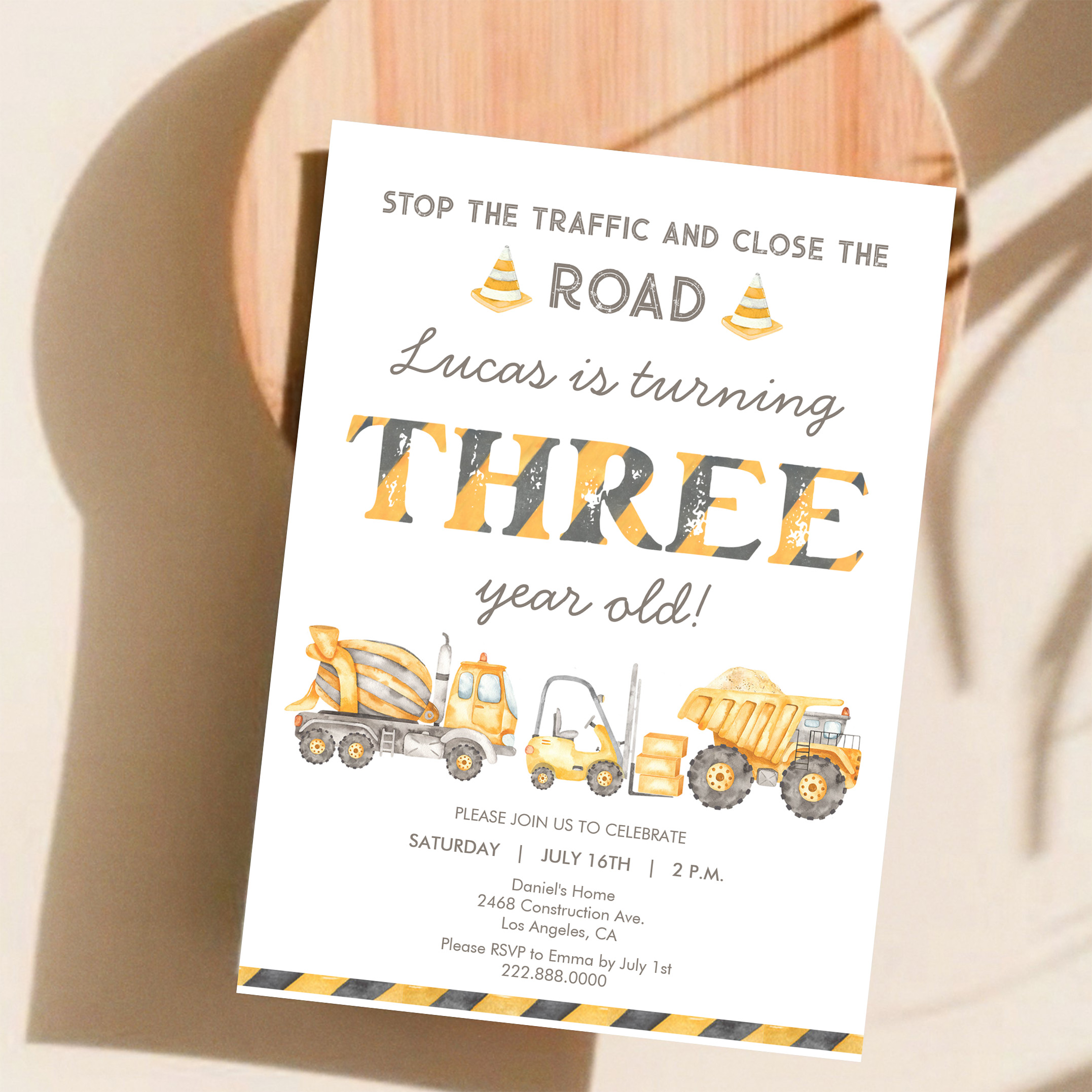 Construction Dump Truck 3rd Boys First Birthday Invitation - Image 11