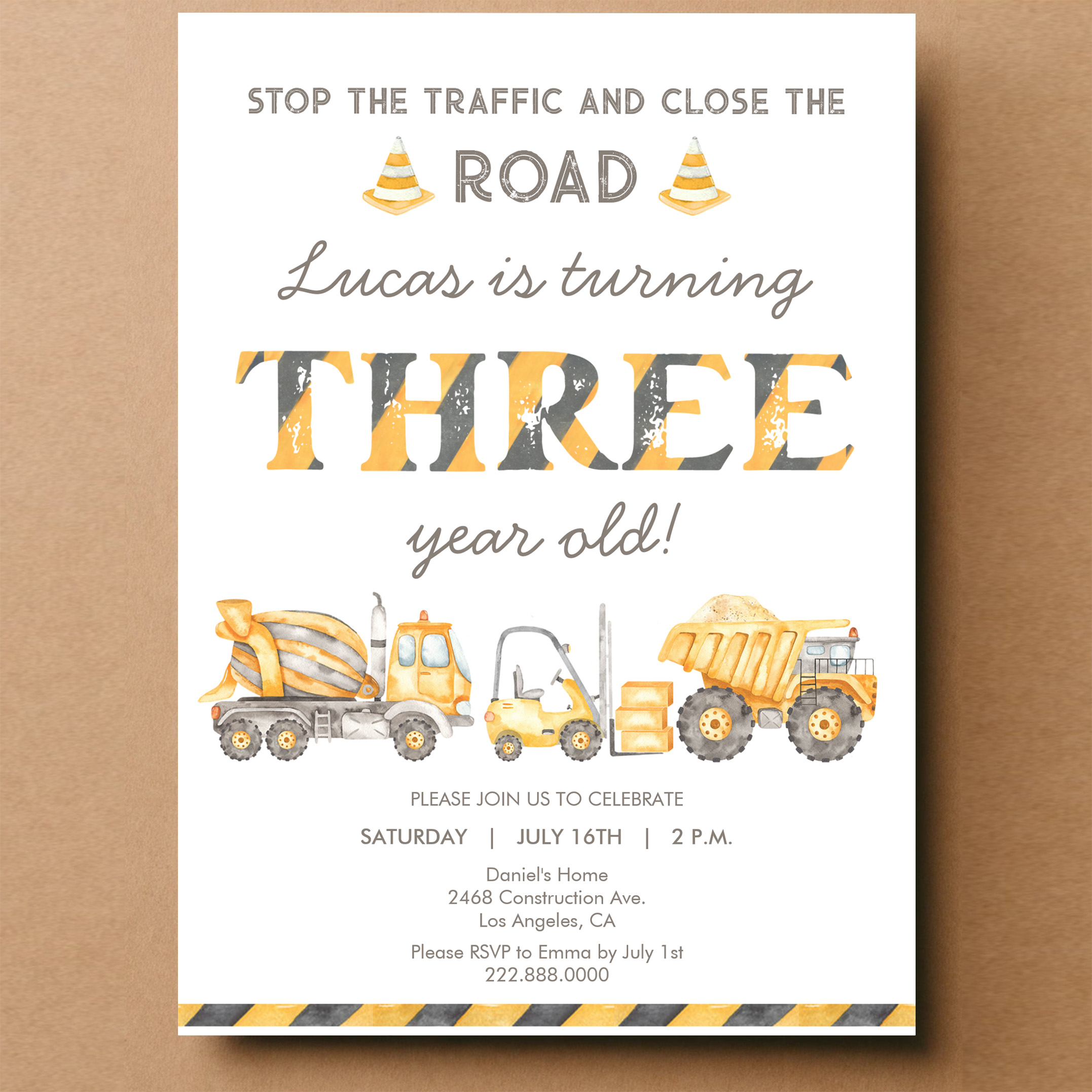 Construction Dump Truck 3rd Boys First Birthday Invitation - Image 14
