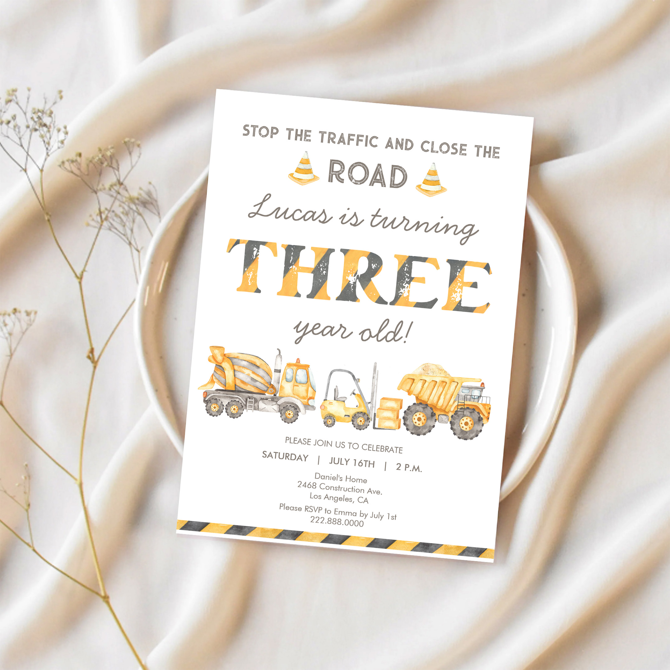 Construction Dump Truck 3rd Boys First Birthday Invitation - Image 2