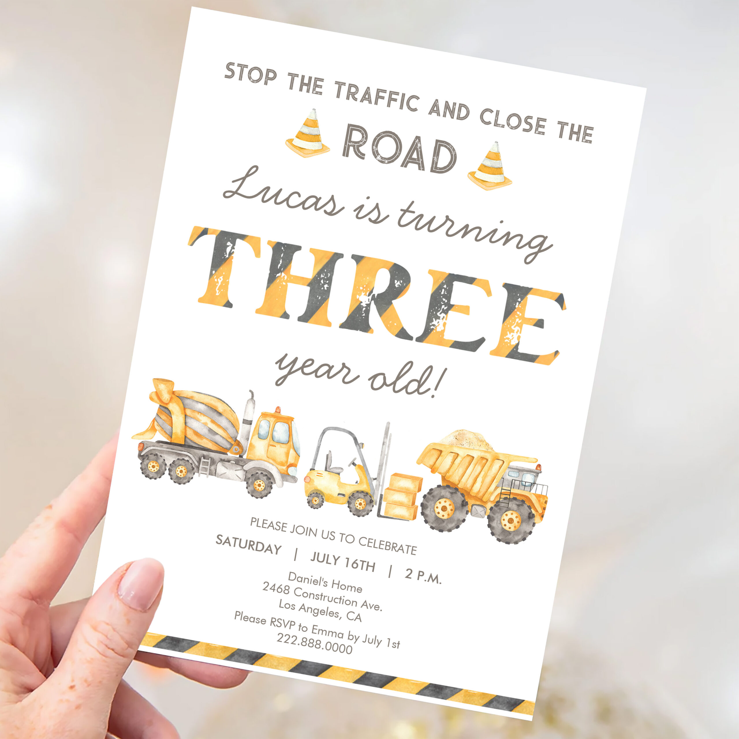 Construction Dump Truck 3rd Boys First Birthday Invitation - Image 3