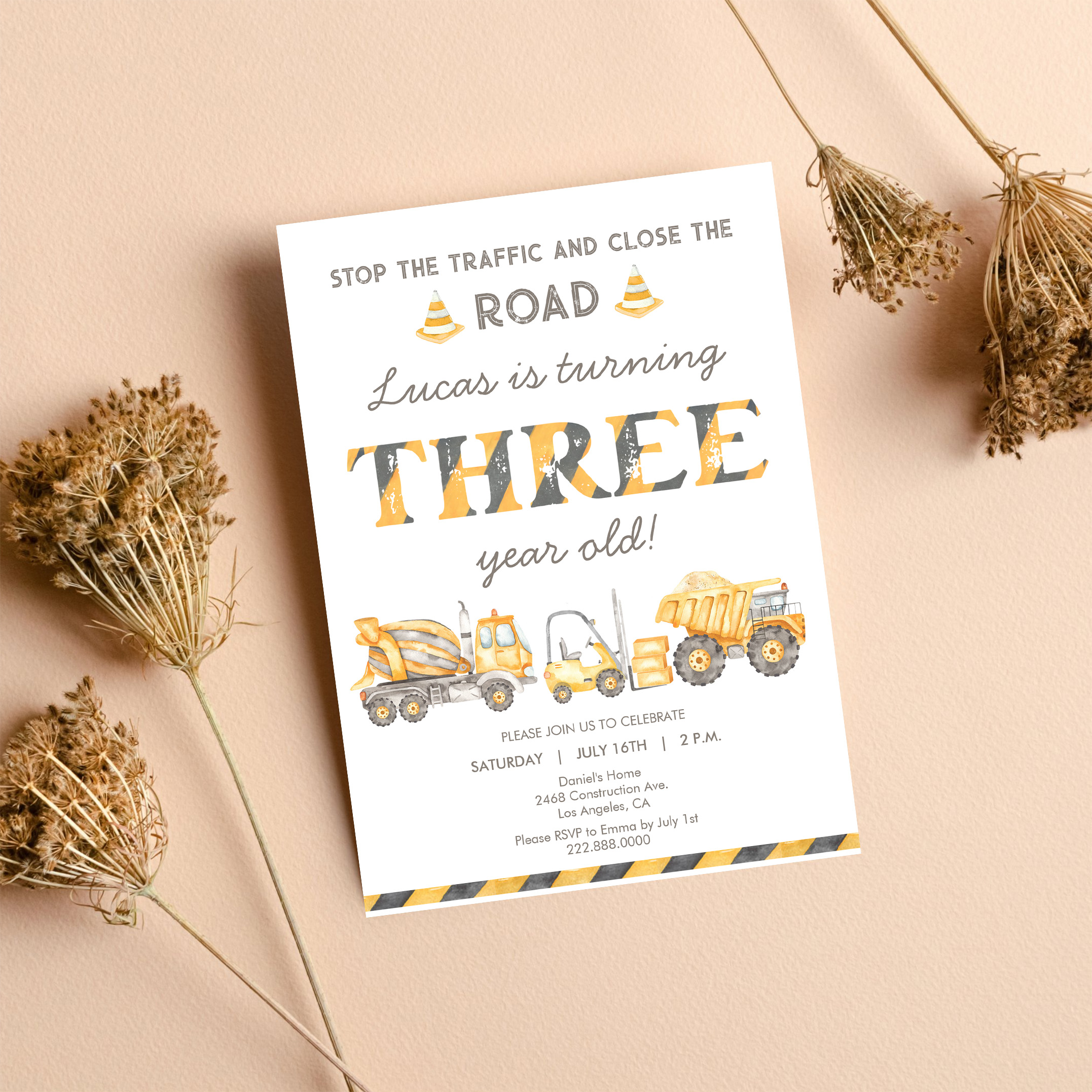 Construction Dump Truck 3rd Boys First Birthday Invitation - Image 8