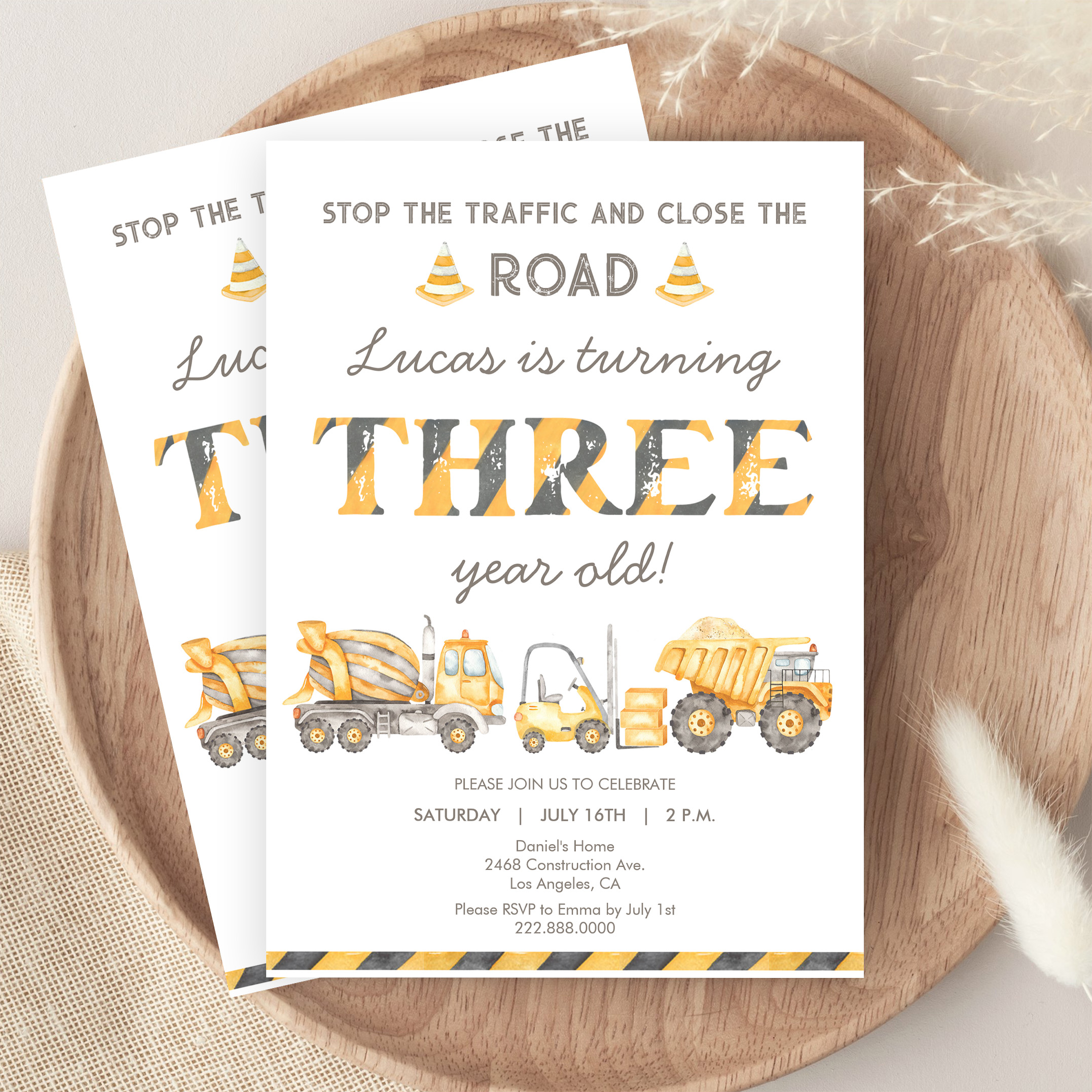 Construction Dump Truck 3rd Boys First Birthday Invitation - Image 9