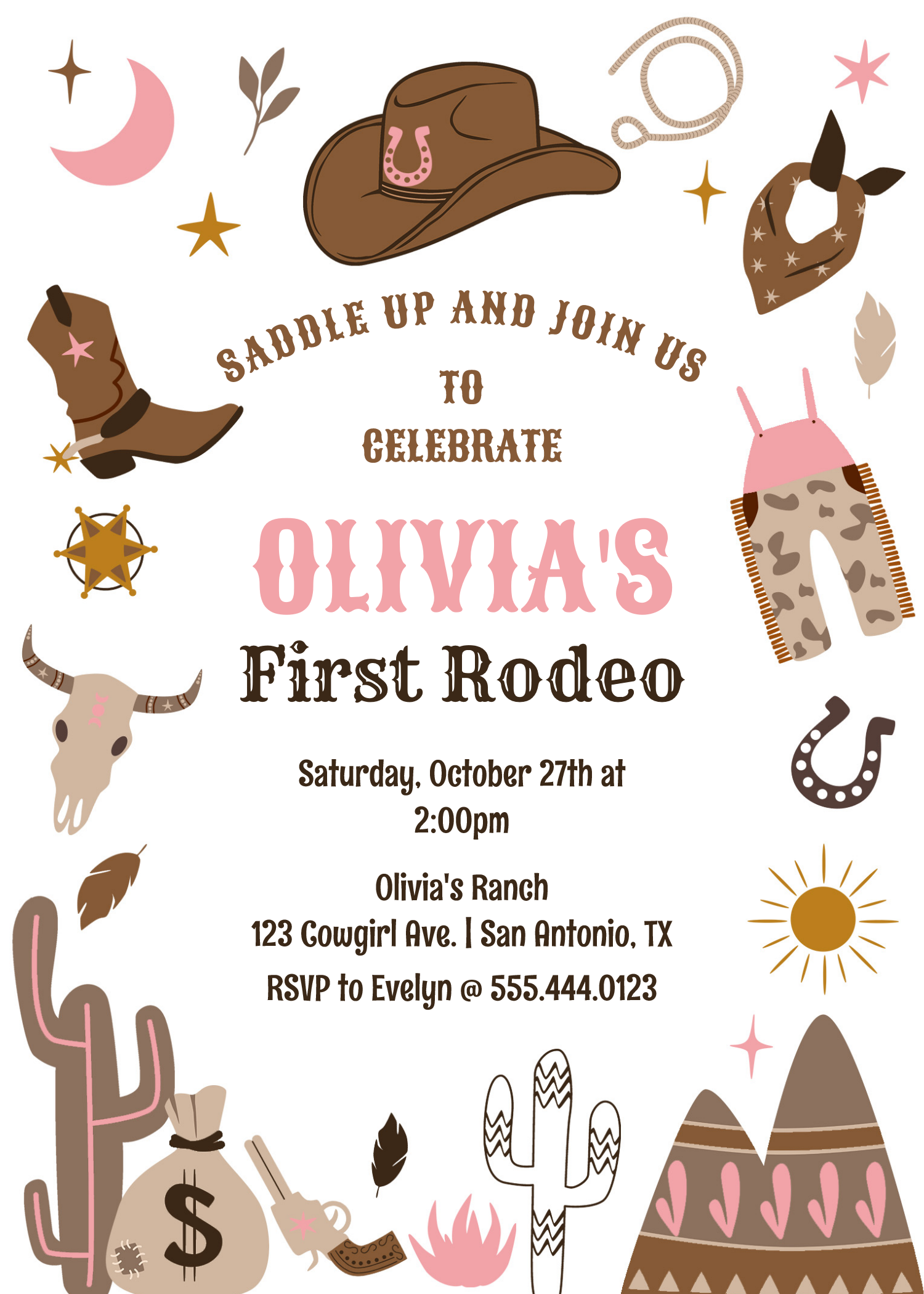 Cowgirl Wild West Southwestern 1st Rodeo Birthday Invitation