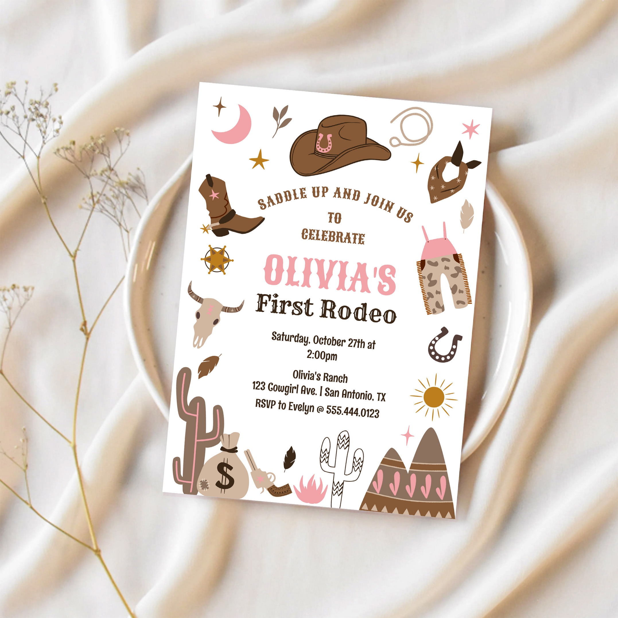 Cowgirl Wild West Southwestern 1st Rodeo Birthday Invitation - Image 2