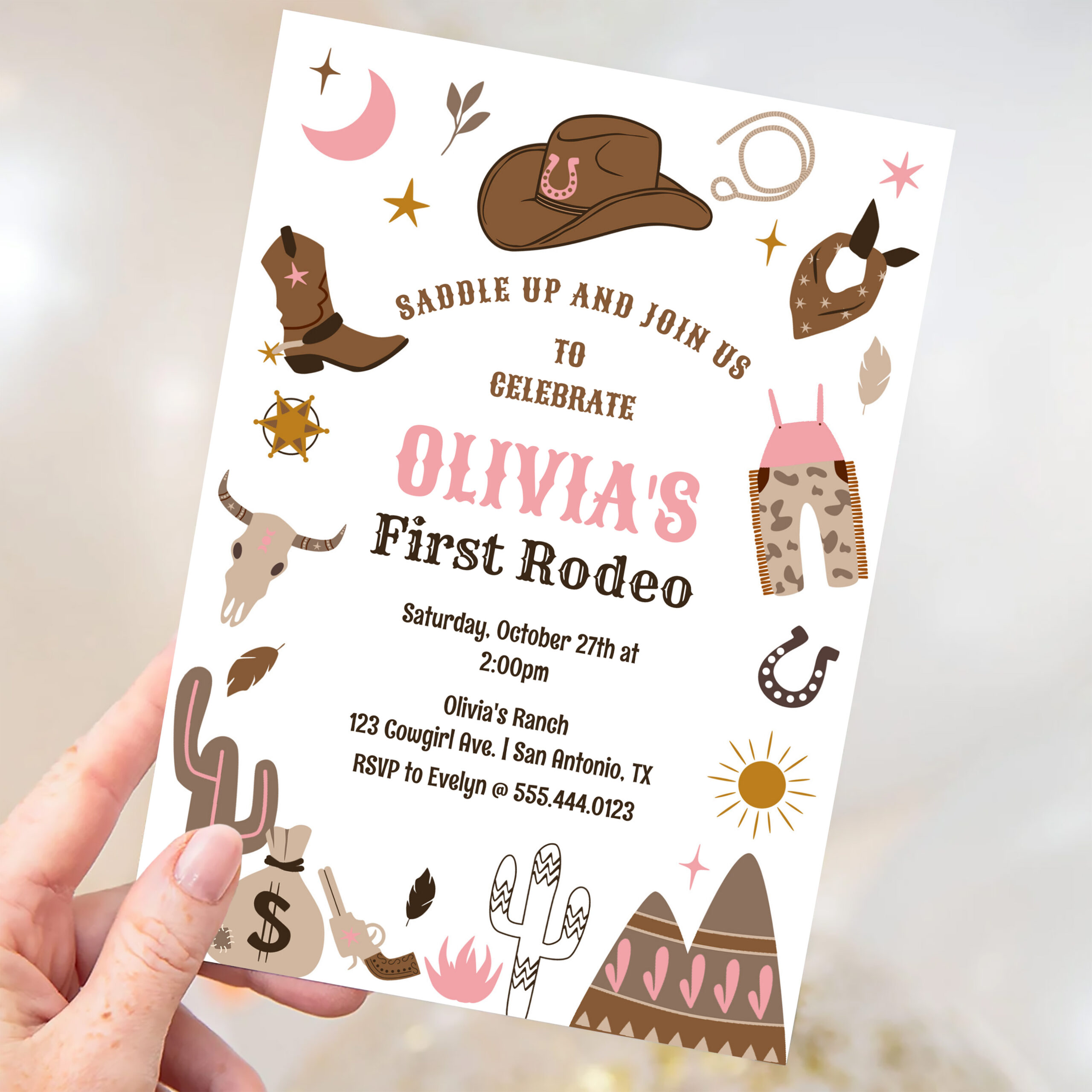 Cowgirl Wild West Southwestern 1st Rodeo Birthday Invitation - Image 3