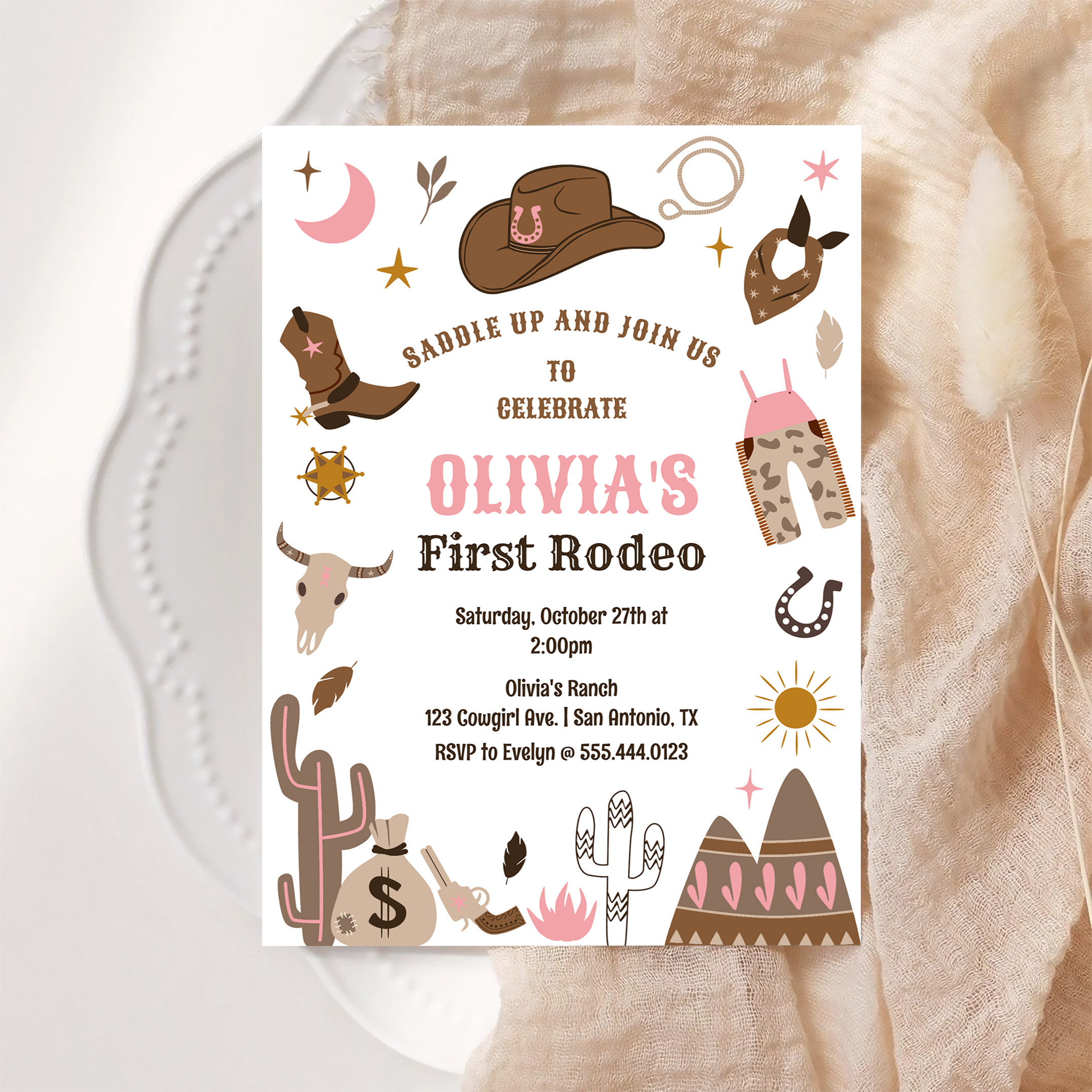 Cowgirl Wild West Southwestern 1st Rodeo Birthday Invitation - Image 6