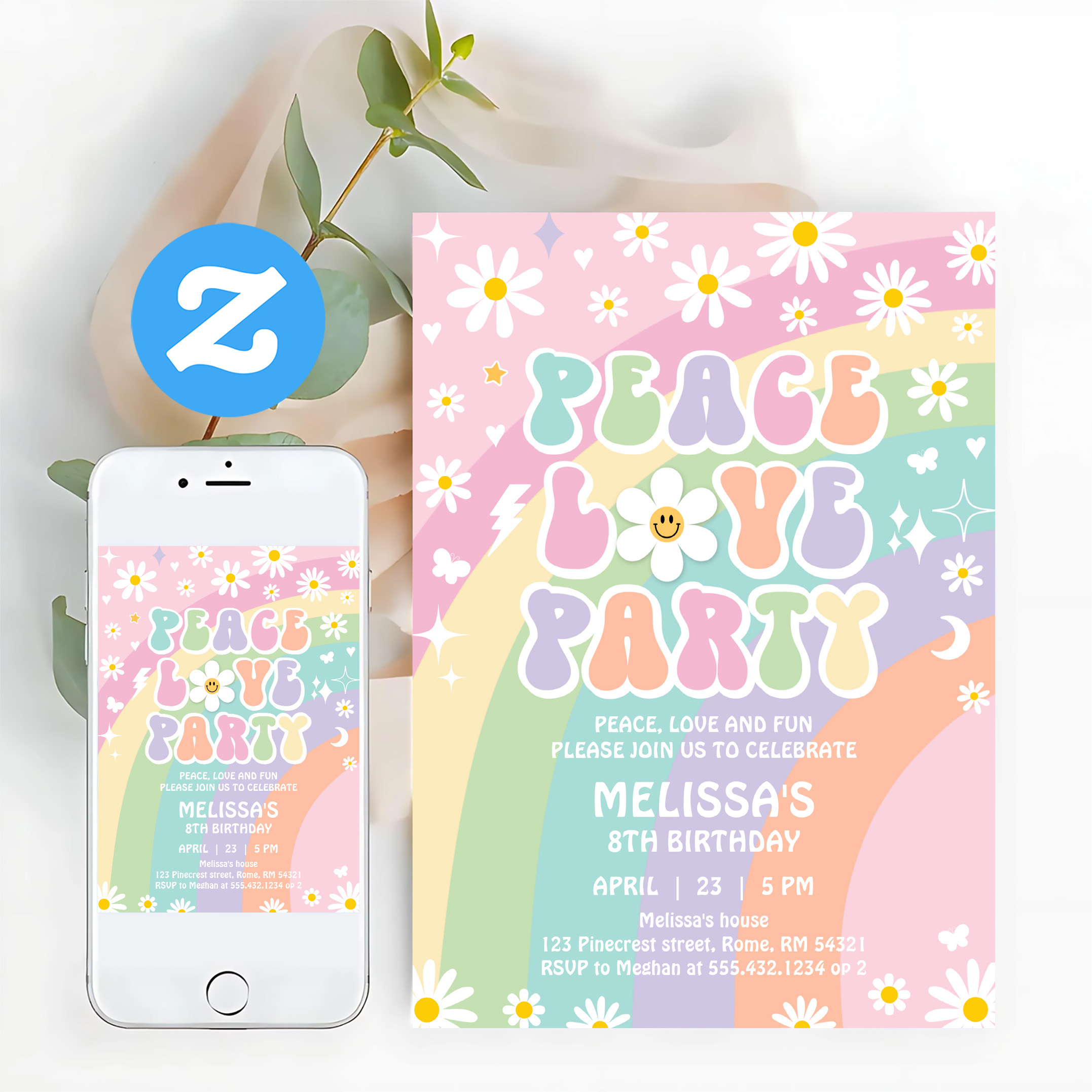 Daisy Peace Love Party Groovy Hippie 70S Birthday Invitation - Image 12