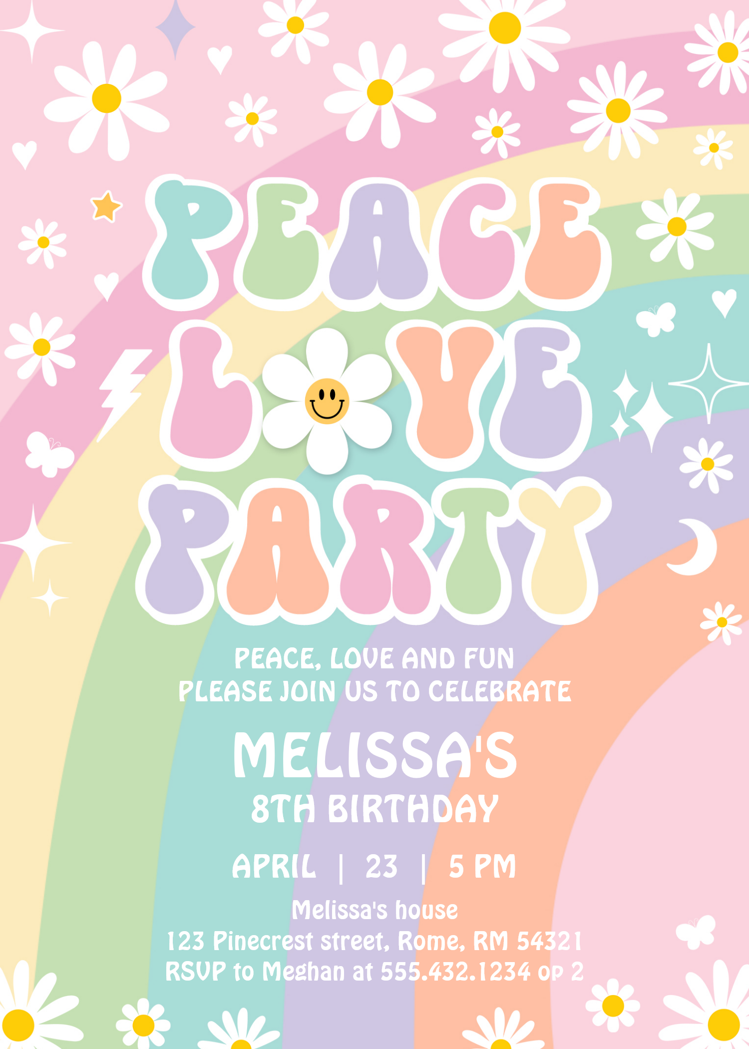 Daisy Peace Love Party Groovy Hippie 70S Birthday Invitation