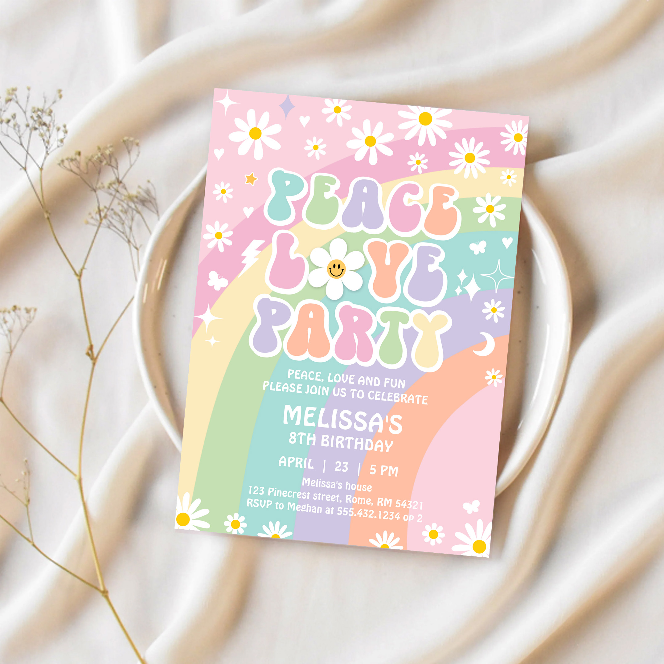 Daisy Peace Love Party Groovy Hippie 70S Birthday Invitation - Image 2