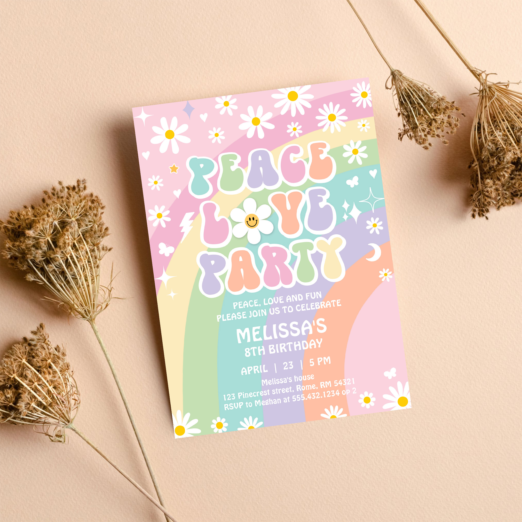 Daisy Peace Love Party Groovy Hippie 70S Birthday Invitation - Image 8