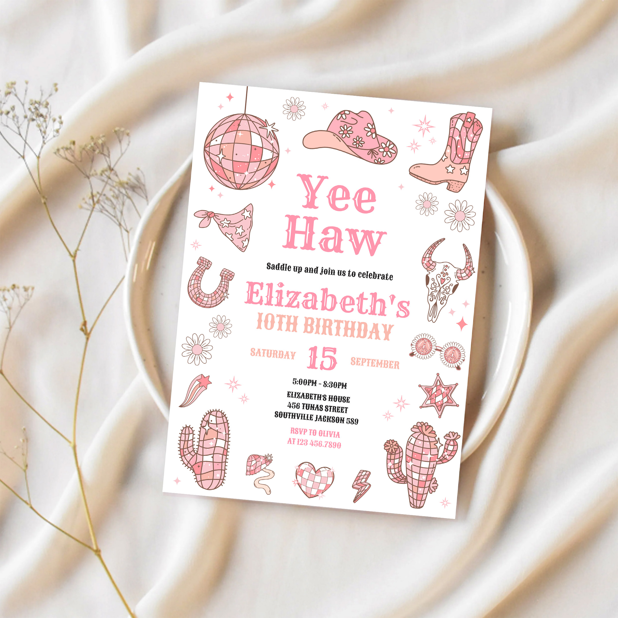 Disco Rodeo Pink Space Cowgirl Birthday Invitation - Image 2