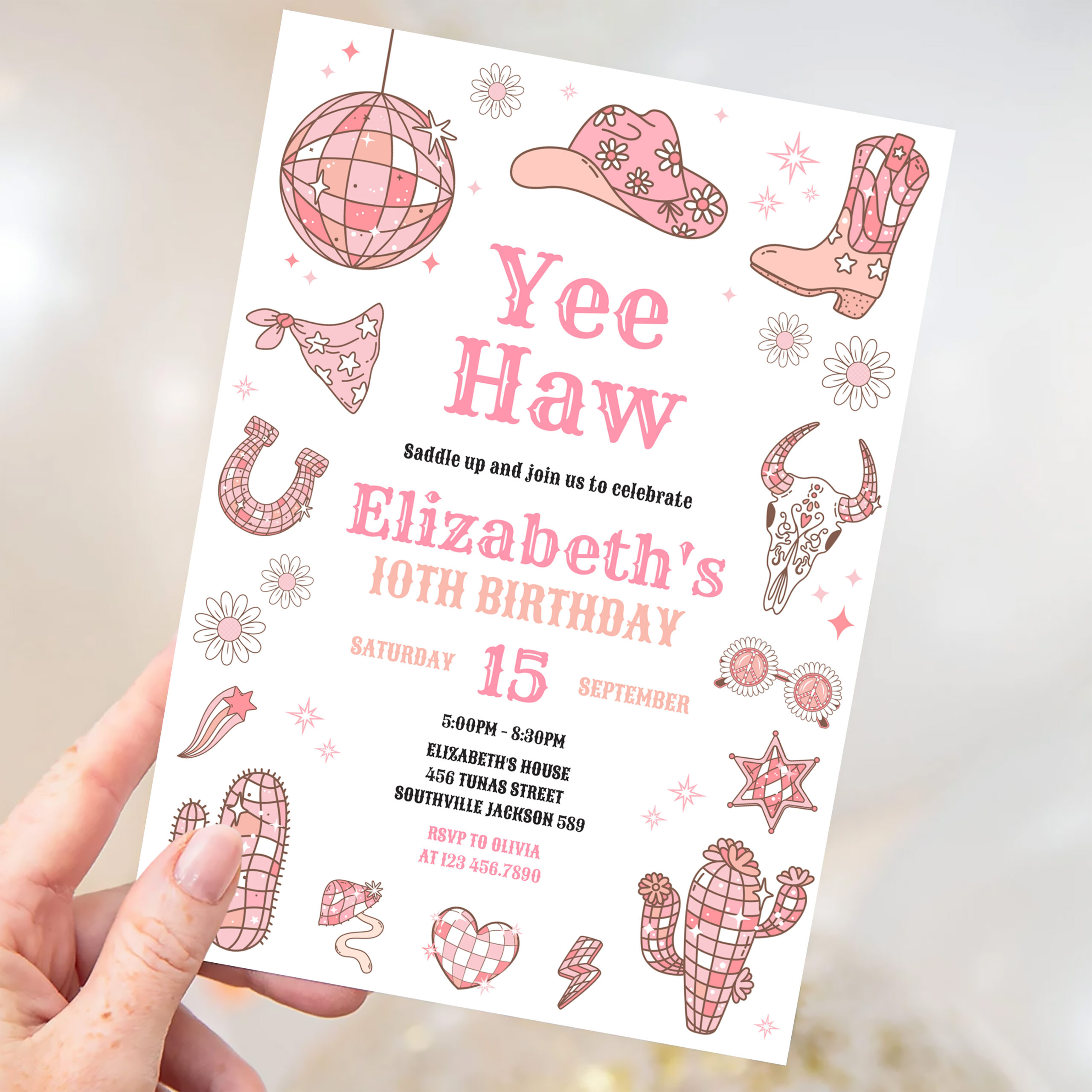 Disco Rodeo Pink Space Cowgirl Birthday Invitation - Image 3