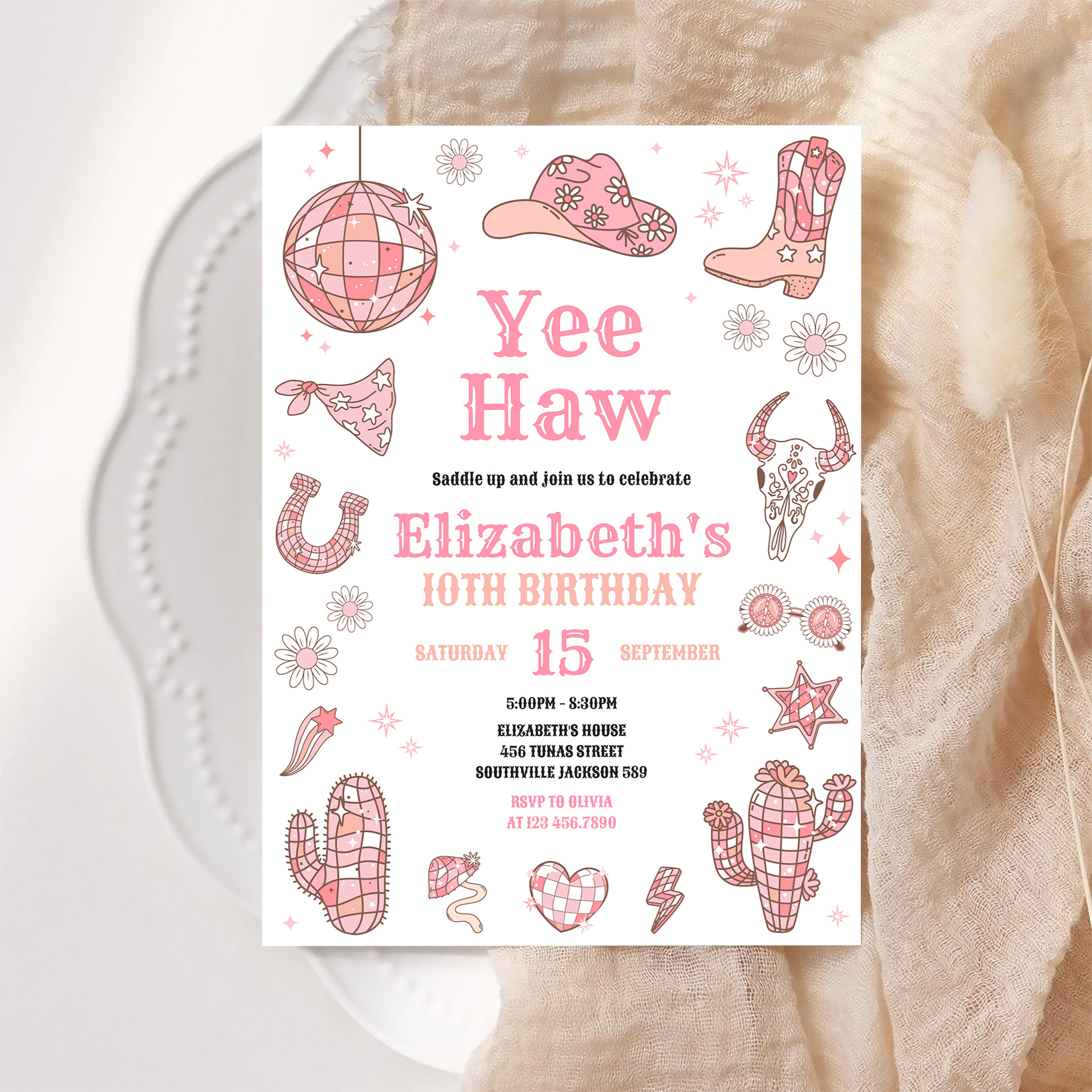 Disco Rodeo Pink Space Cowgirl Birthday Invitation - Image 6