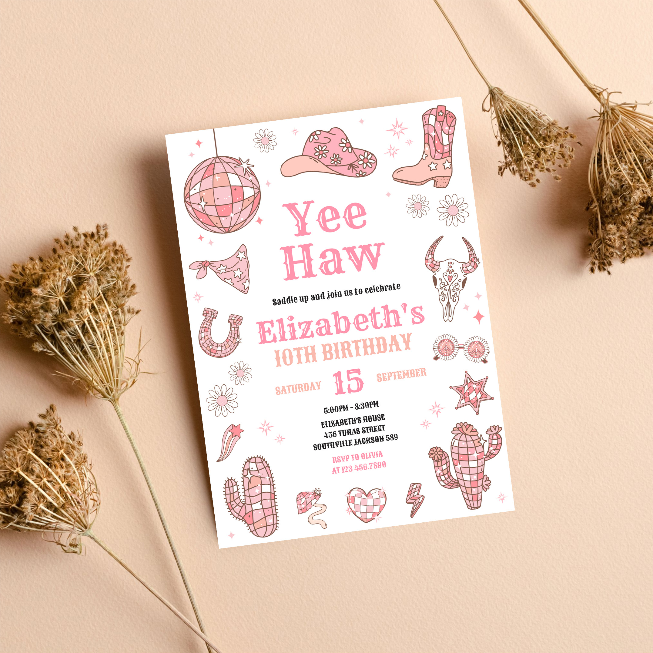 Disco Rodeo Pink Space Cowgirl Birthday Invitation - Image 8