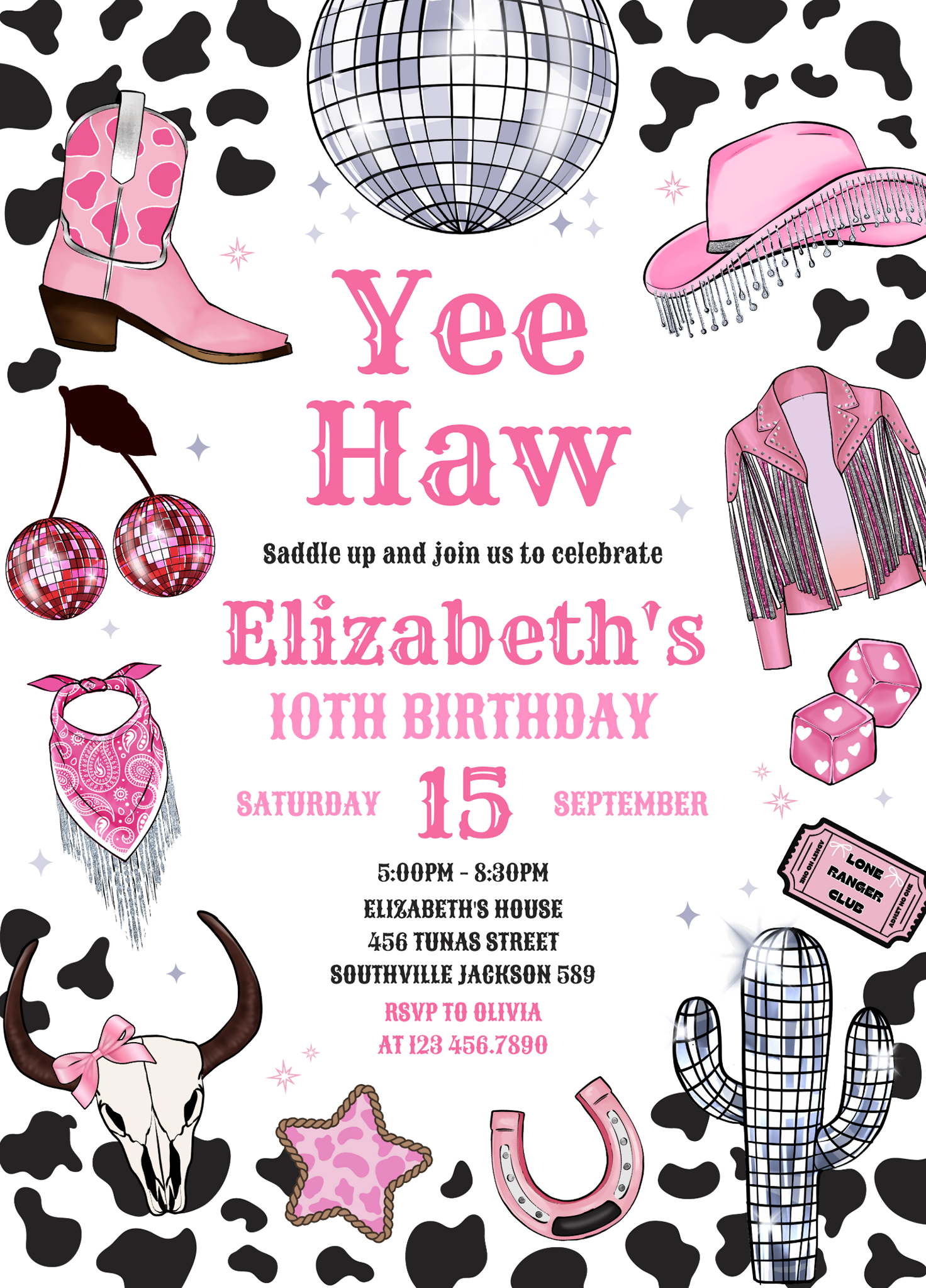 Disco Rodeo Pink Space Cowgirl Birthday Invitation