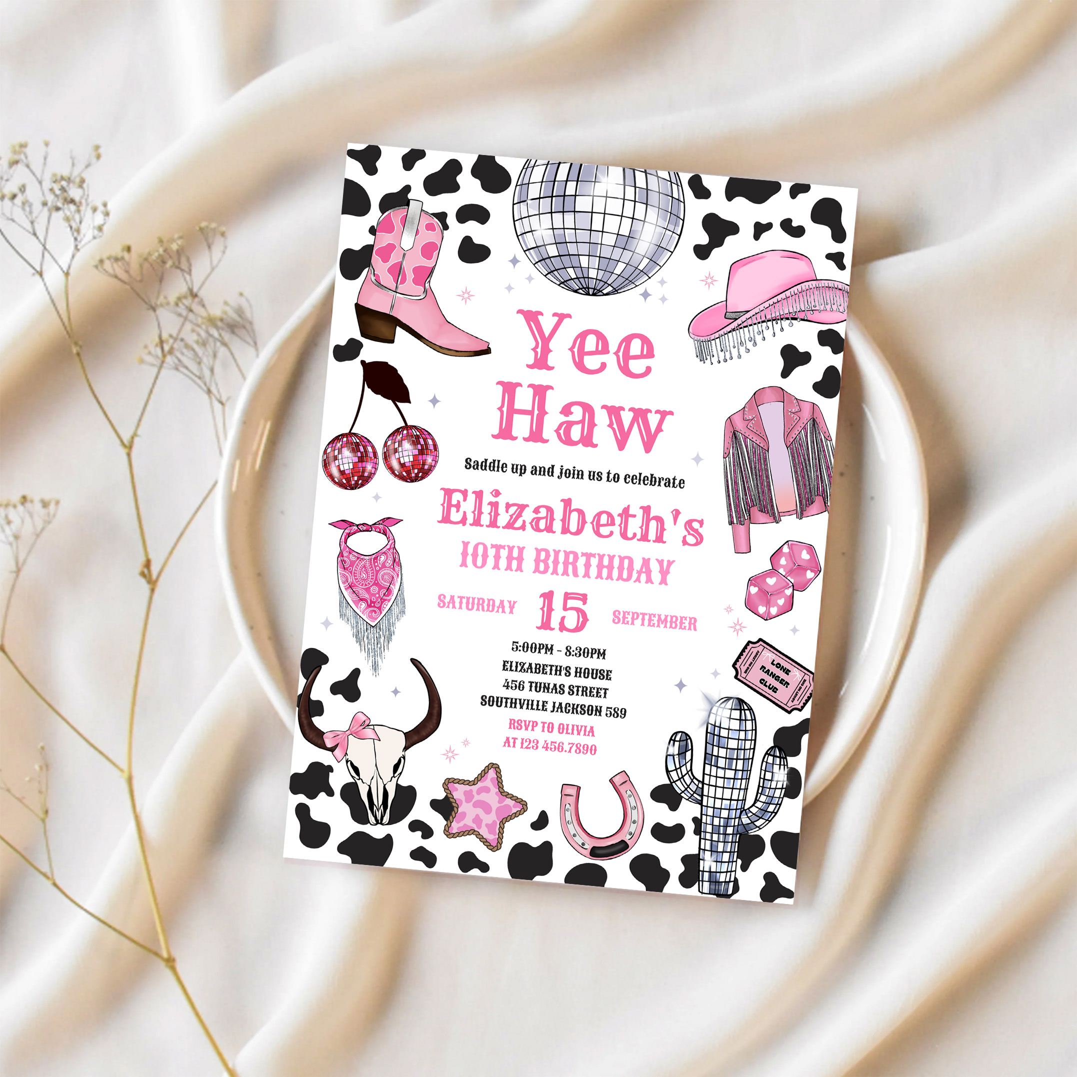 Disco Rodeo Pink Space Cowgirl Birthday Invitation - Image 2