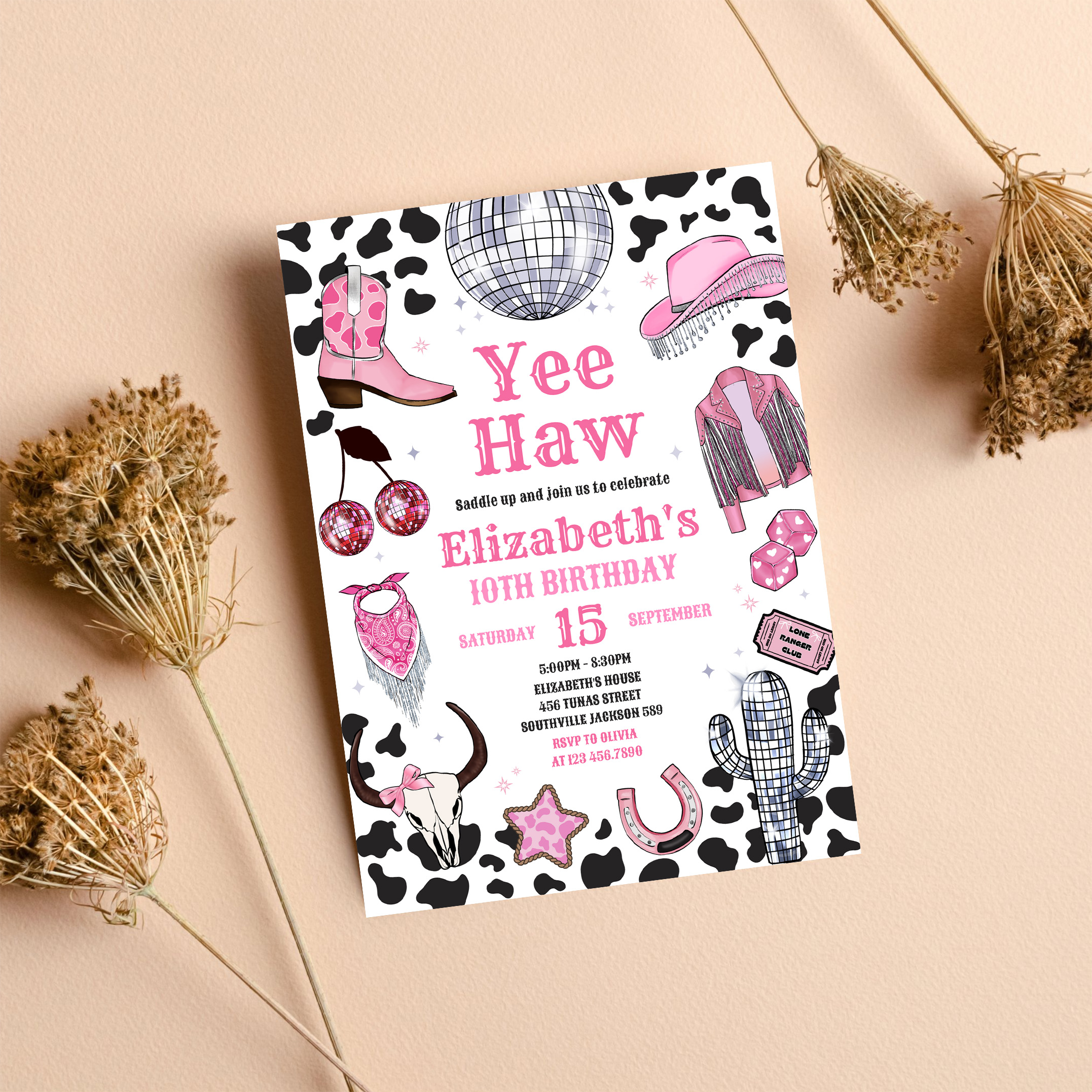 Disco Rodeo Pink Space Cowgirl Birthday Invitation - Image 8