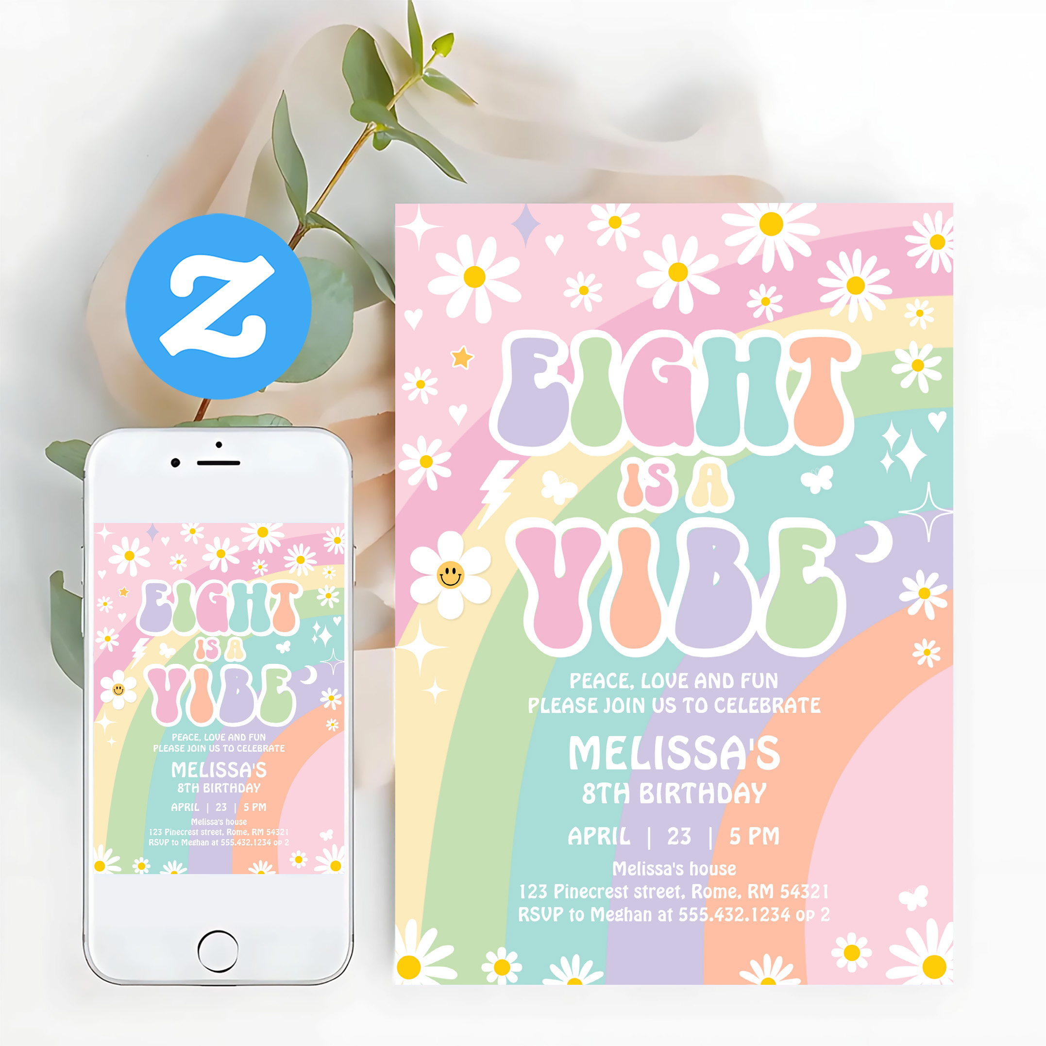 Eight Is A Vibe Daisy Groovy Rainbow 8th Birthday Invitation - Image 12