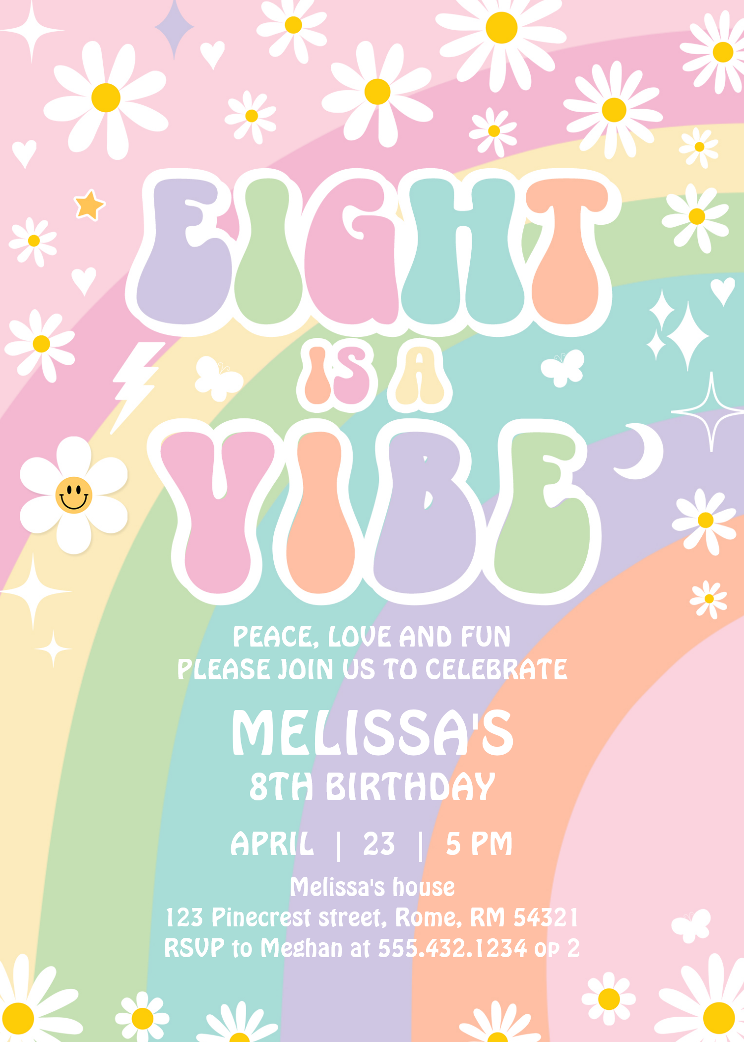 Eight Is A Vibe Daisy Groovy Rainbow 8th Birthday Invitation