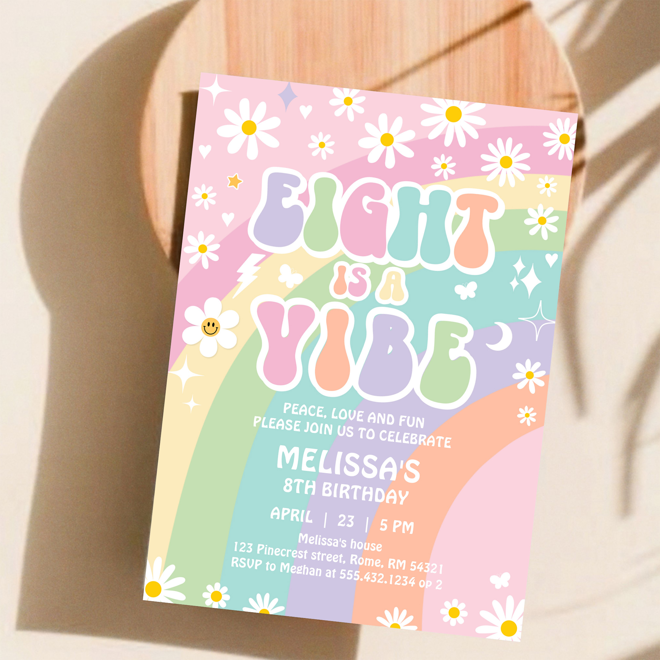 Eight Is A Vibe Daisy Groovy Rainbow 8th Birthday Invitation - Image 11