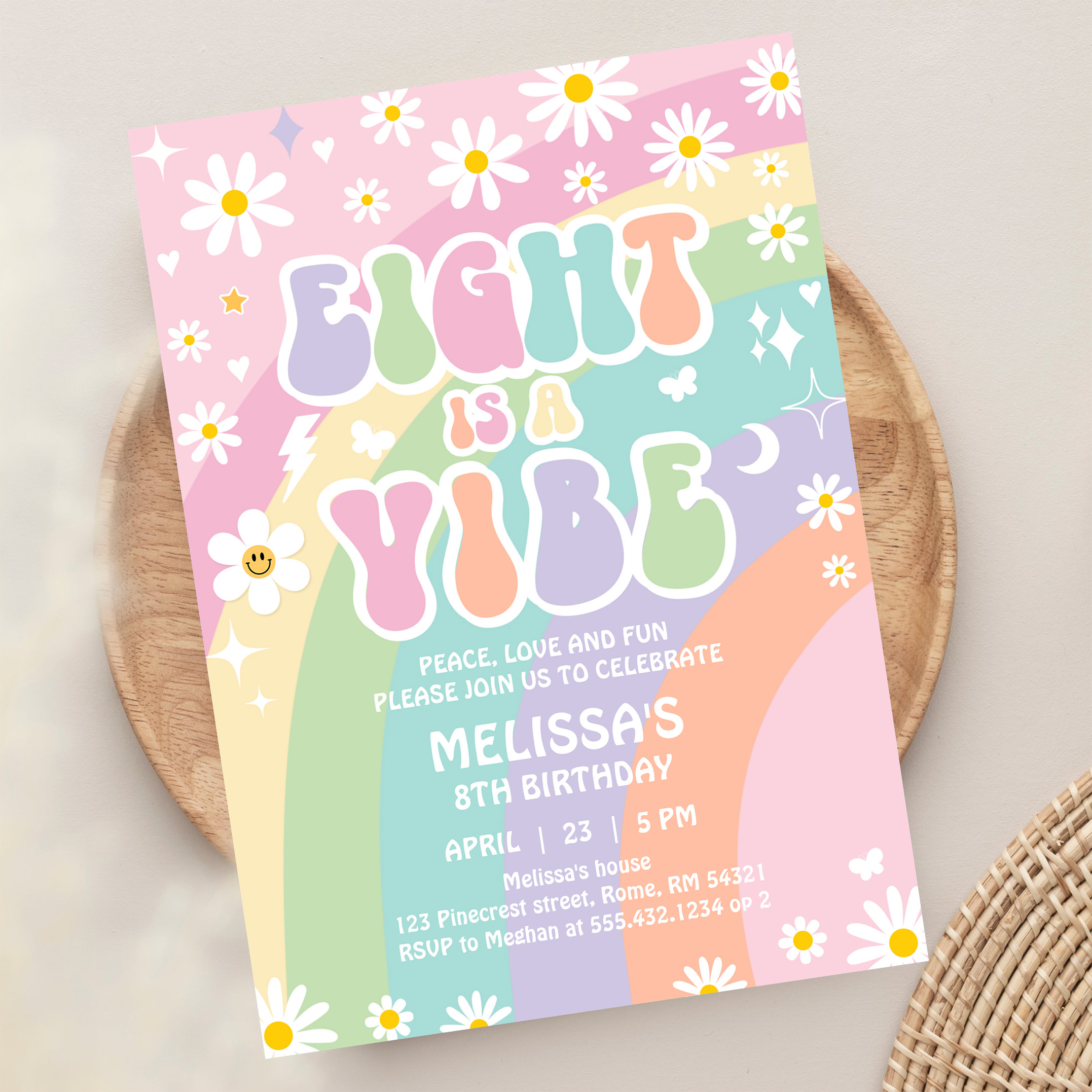 Eight Is A Vibe Daisy Groovy Rainbow 8th Birthday Invitation - Image 13