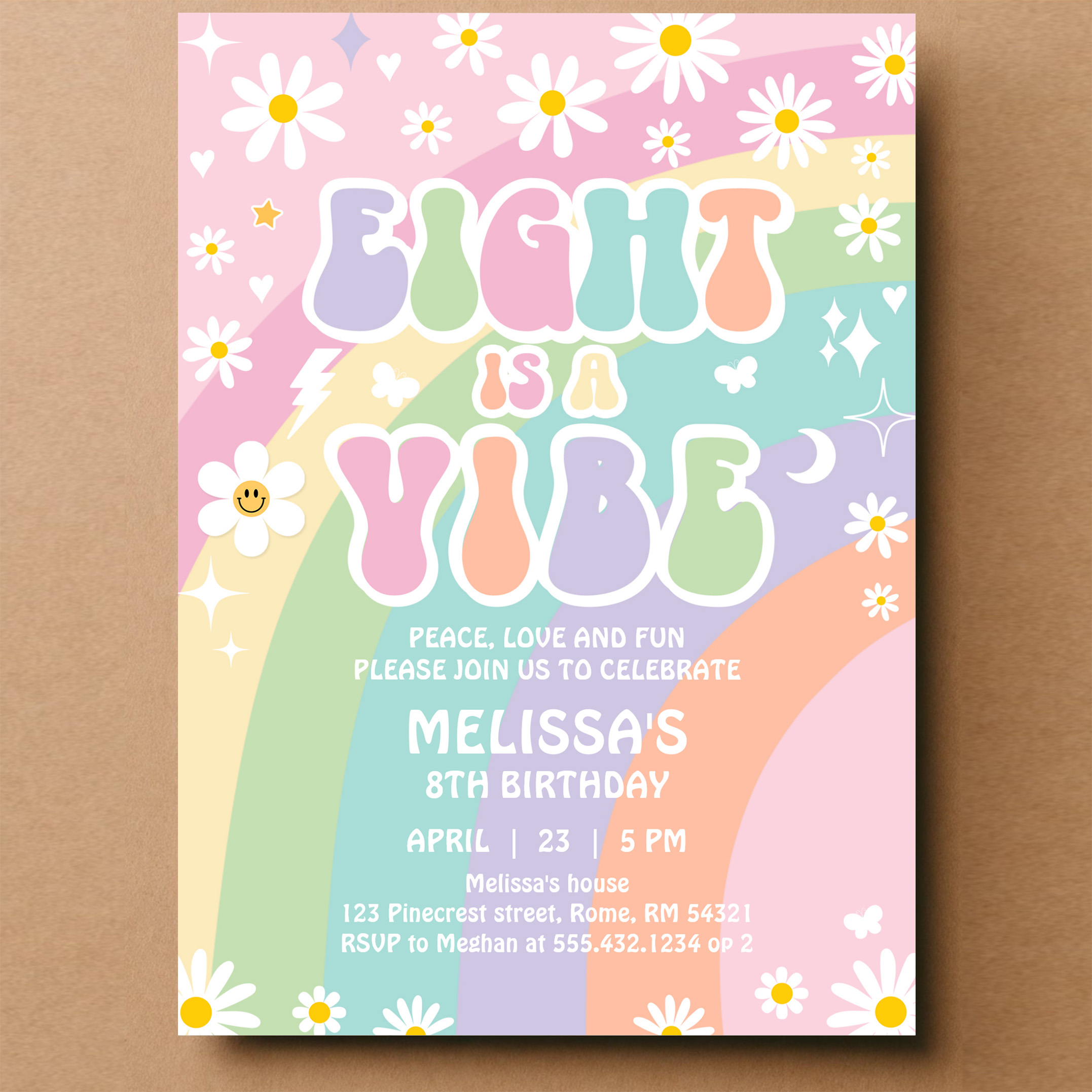 Eight Is A Vibe Daisy Groovy Rainbow 8th Birthday Invitation - Image 14