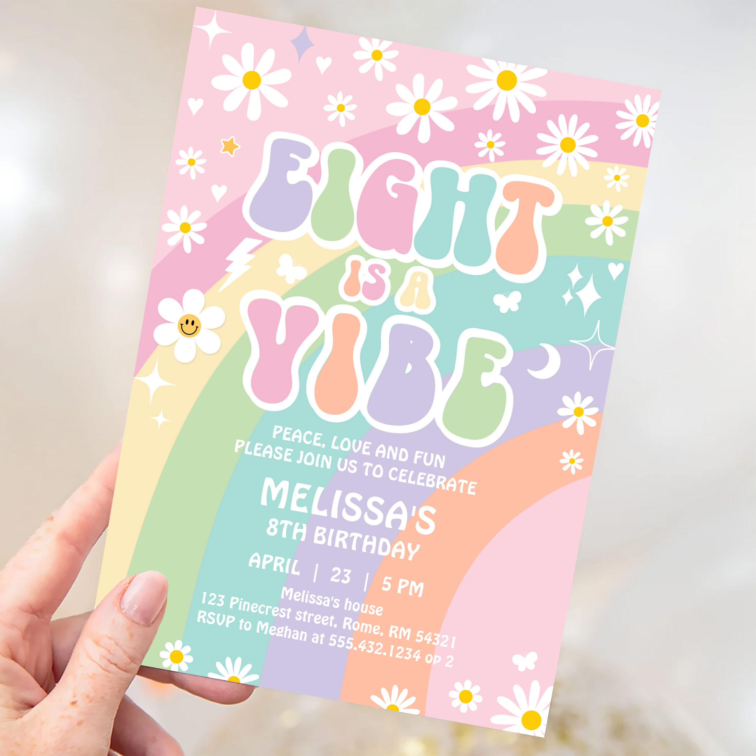 Eight Is A Vibe Daisy Groovy Rainbow 8th Birthday Invitation - Image 3