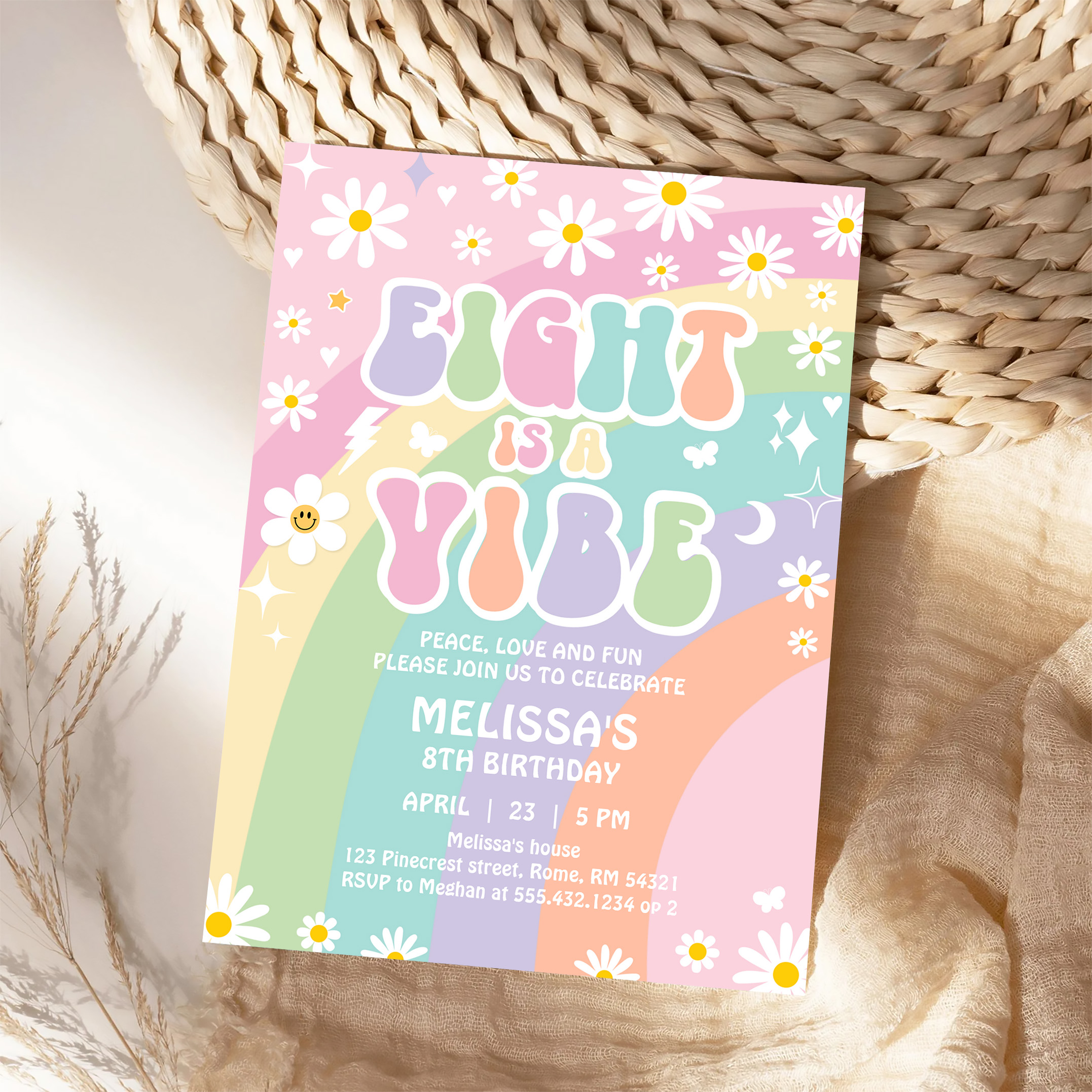 Eight Is A Vibe Daisy Groovy Rainbow 8th Birthday Invitation - Image 4