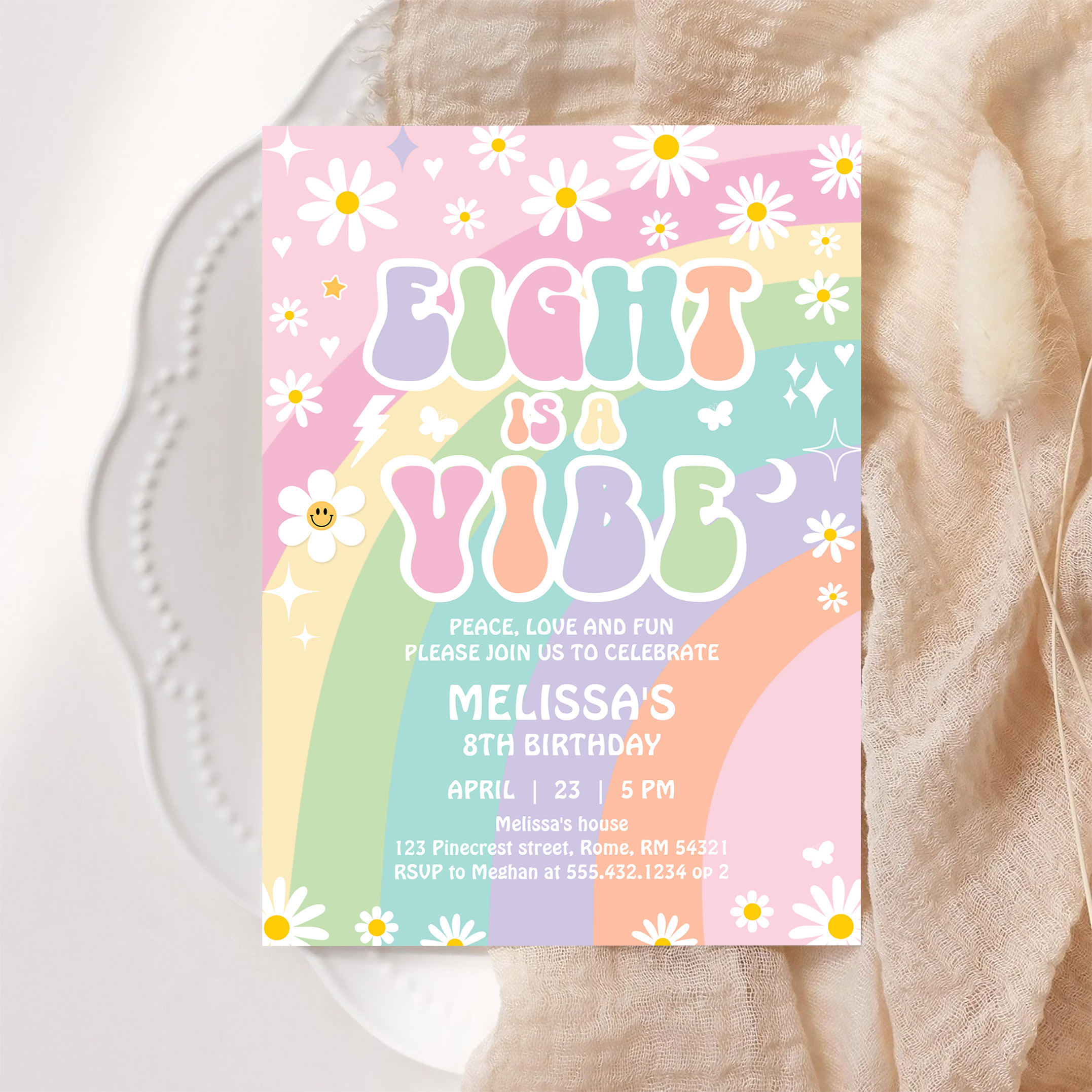 Eight Is A Vibe Daisy Groovy Rainbow 8th Birthday Invitation - Image 6