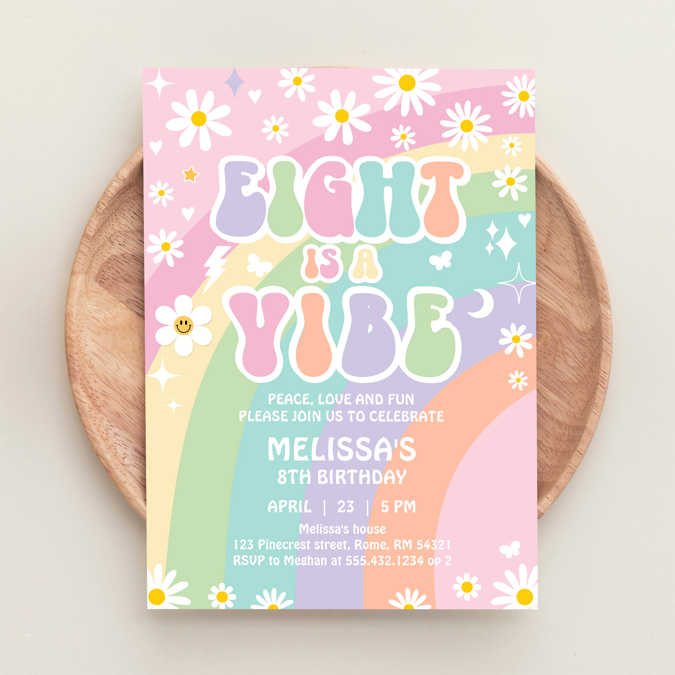 Eight Is A Vibe Daisy Groovy Rainbow 8th Birthday Invitation - Image 7