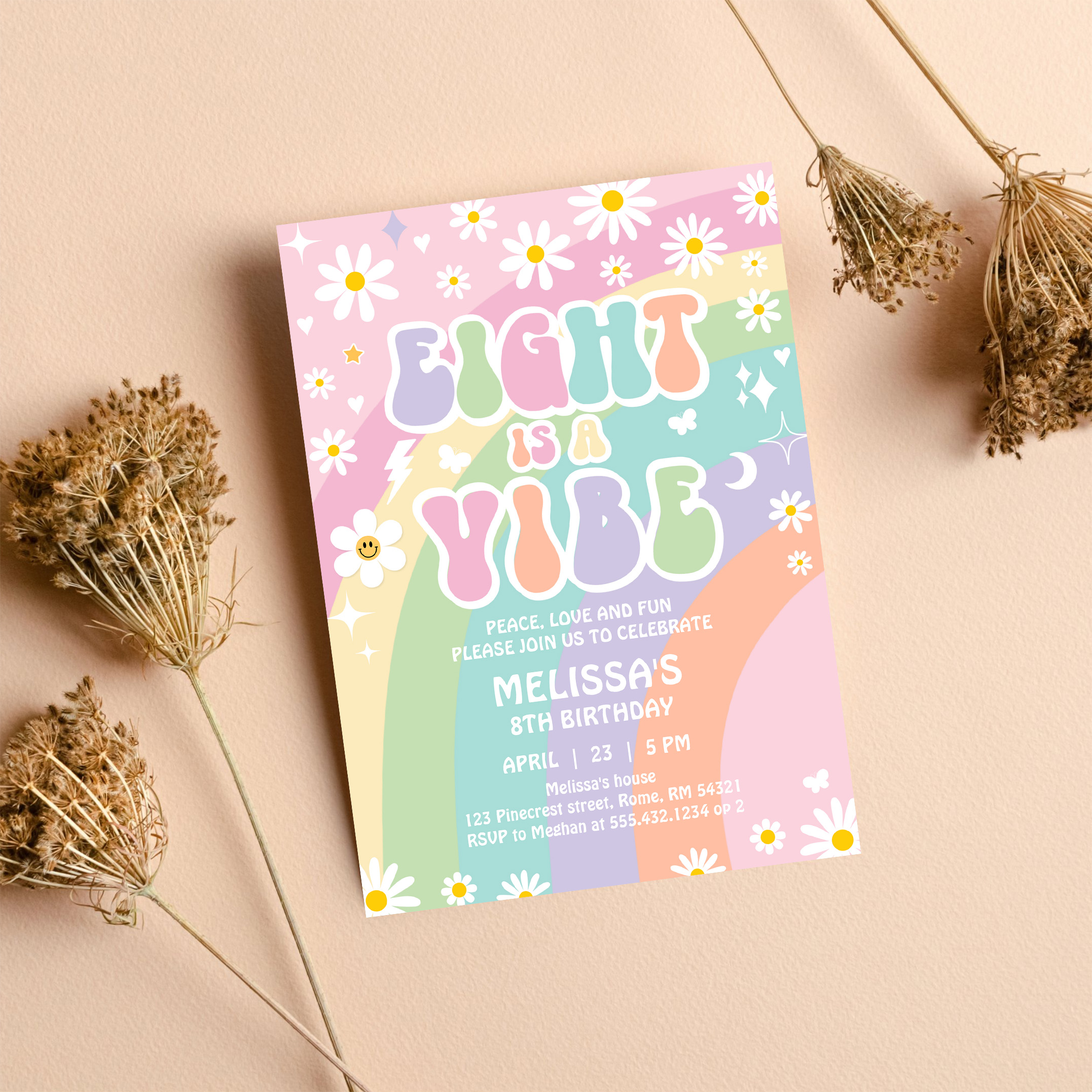Eight Is A Vibe Daisy Groovy Rainbow 8th Birthday Invitation - Image 8