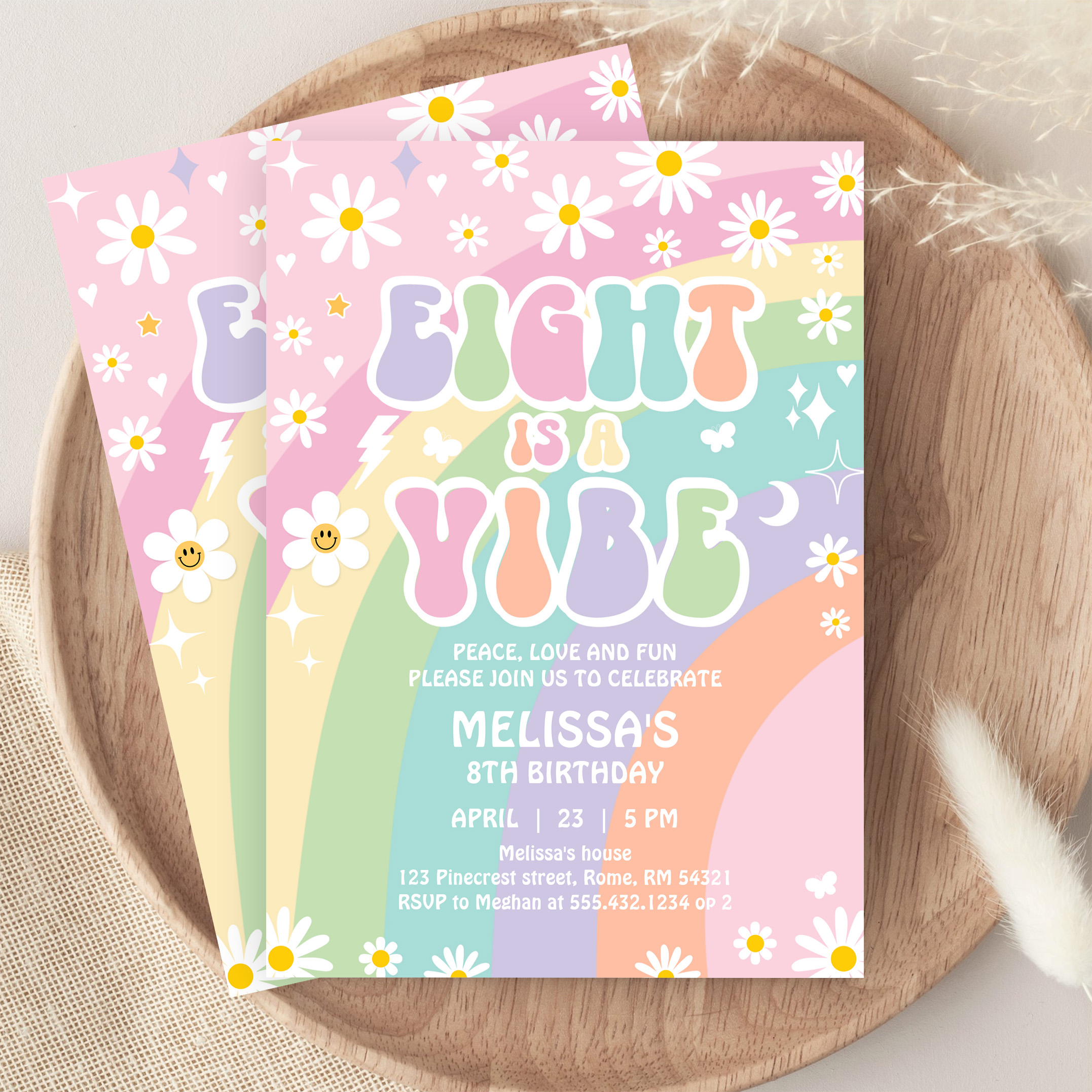 Eight Is A Vibe Daisy Groovy Rainbow 8th Birthday Invitation - Image 9