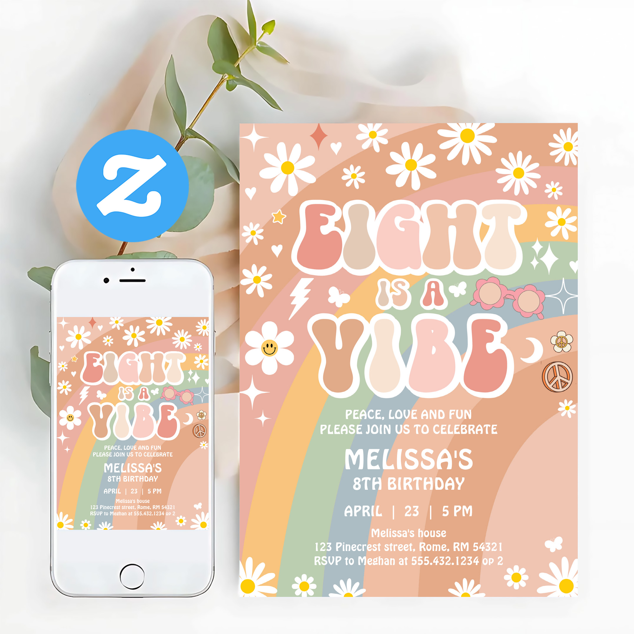 Eight Is A Vibe Groovy Retro 70S 8th Birthday Invitation - Image 12