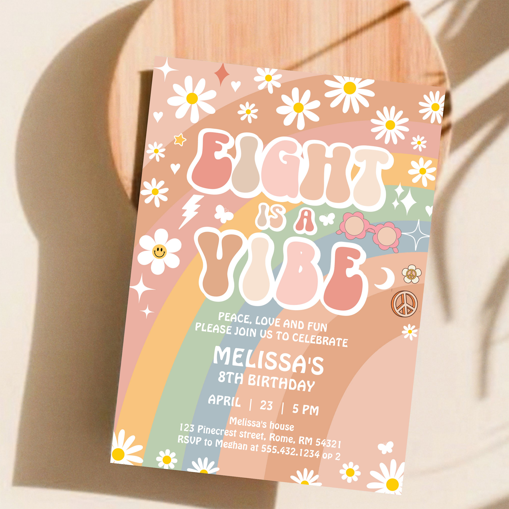 Eight Is A Vibe Groovy Retro 70S 8th Birthday Invitation - Image 11