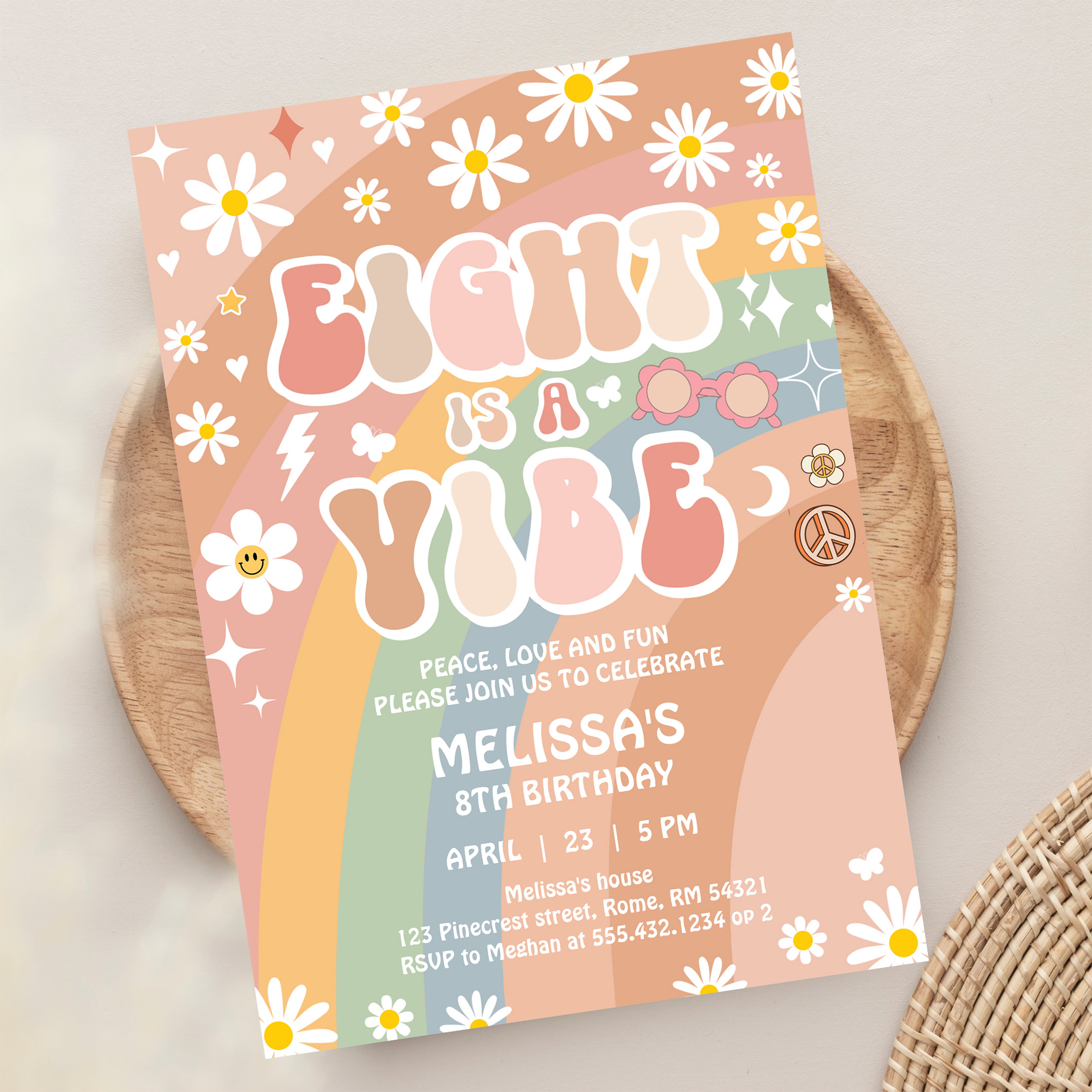 Eight Is A Vibe Groovy Retro 70S 8th Birthday Invitation - Image 13