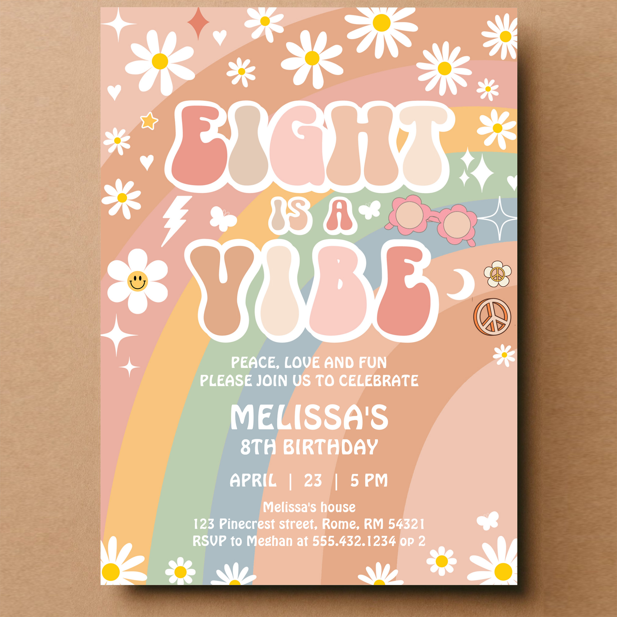 Eight Is A Vibe Groovy Retro 70S 8th Birthday Invitation - Image 14