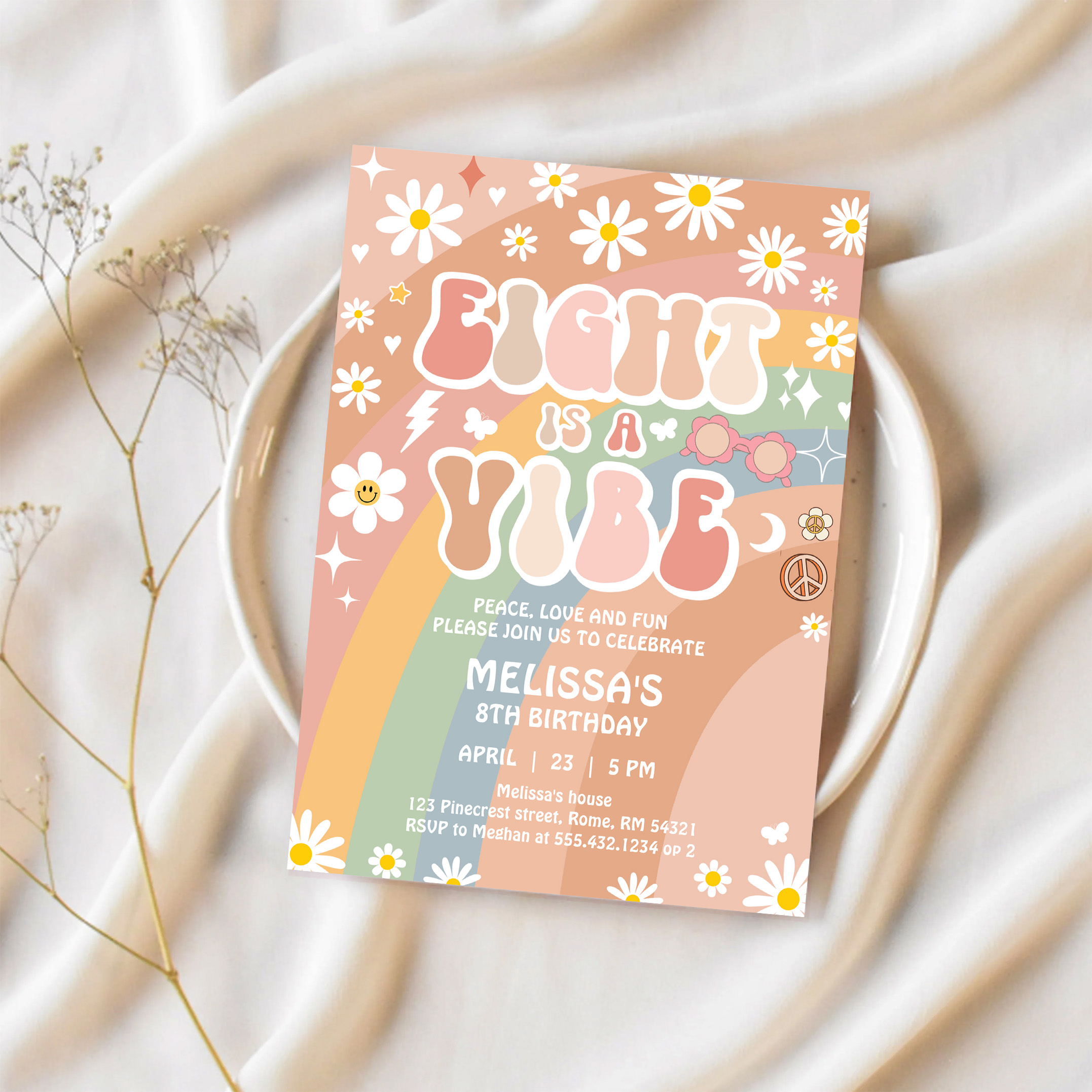 Eight Is A Vibe Groovy Retro 70S 8th Birthday Invitation - Image 2