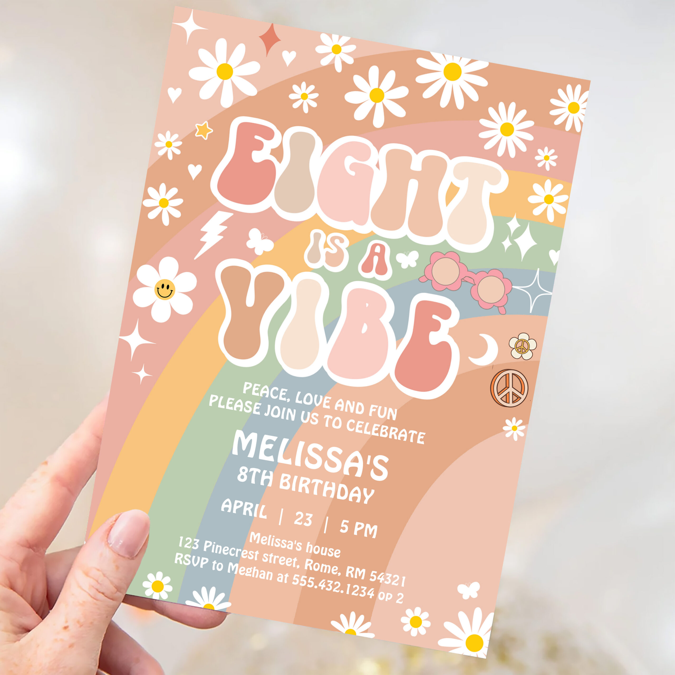 Eight Is A Vibe Groovy Retro 70S 8th Birthday Invitation - Image 3