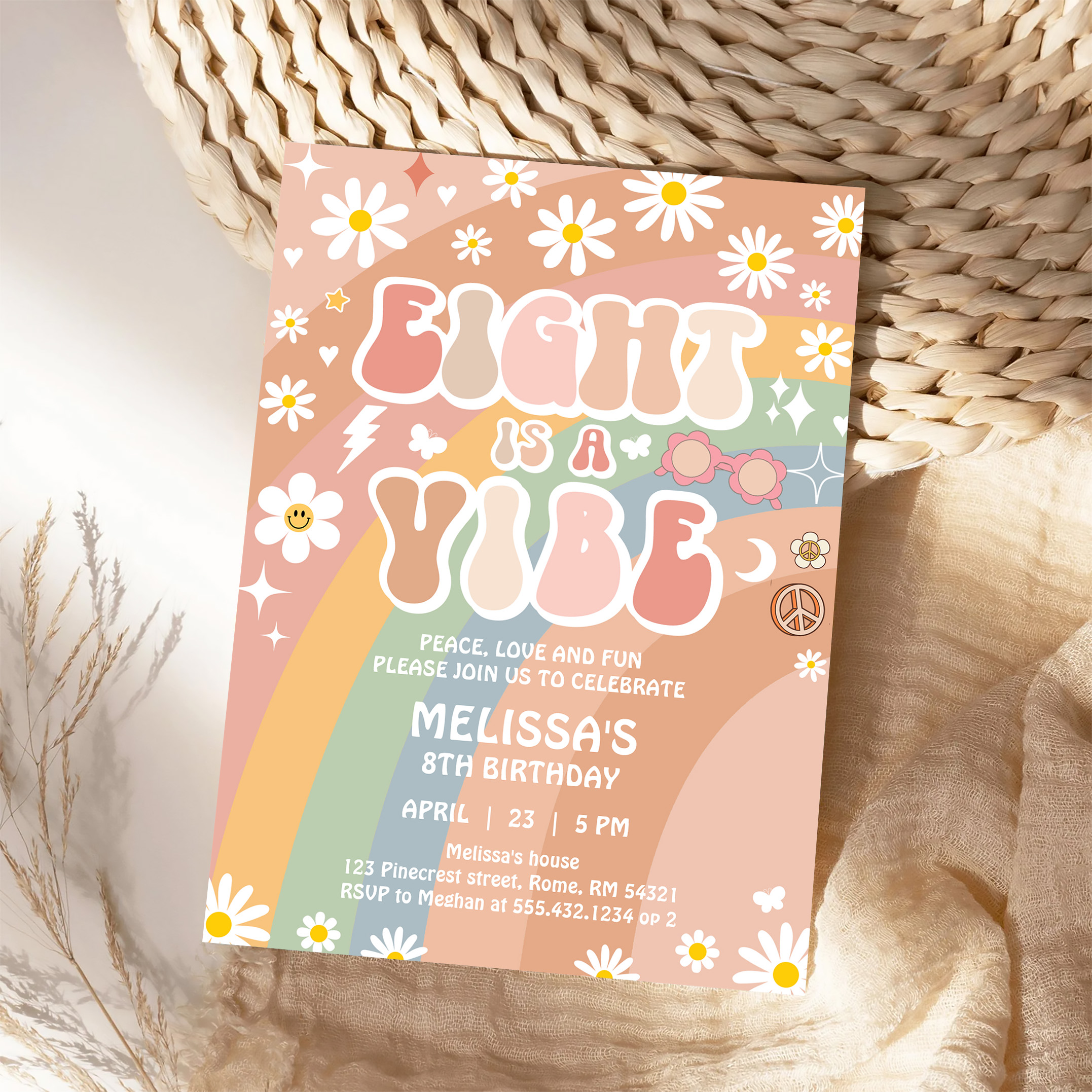 Eight Is A Vibe Groovy Retro 70S 8th Birthday Invitation - Image 4