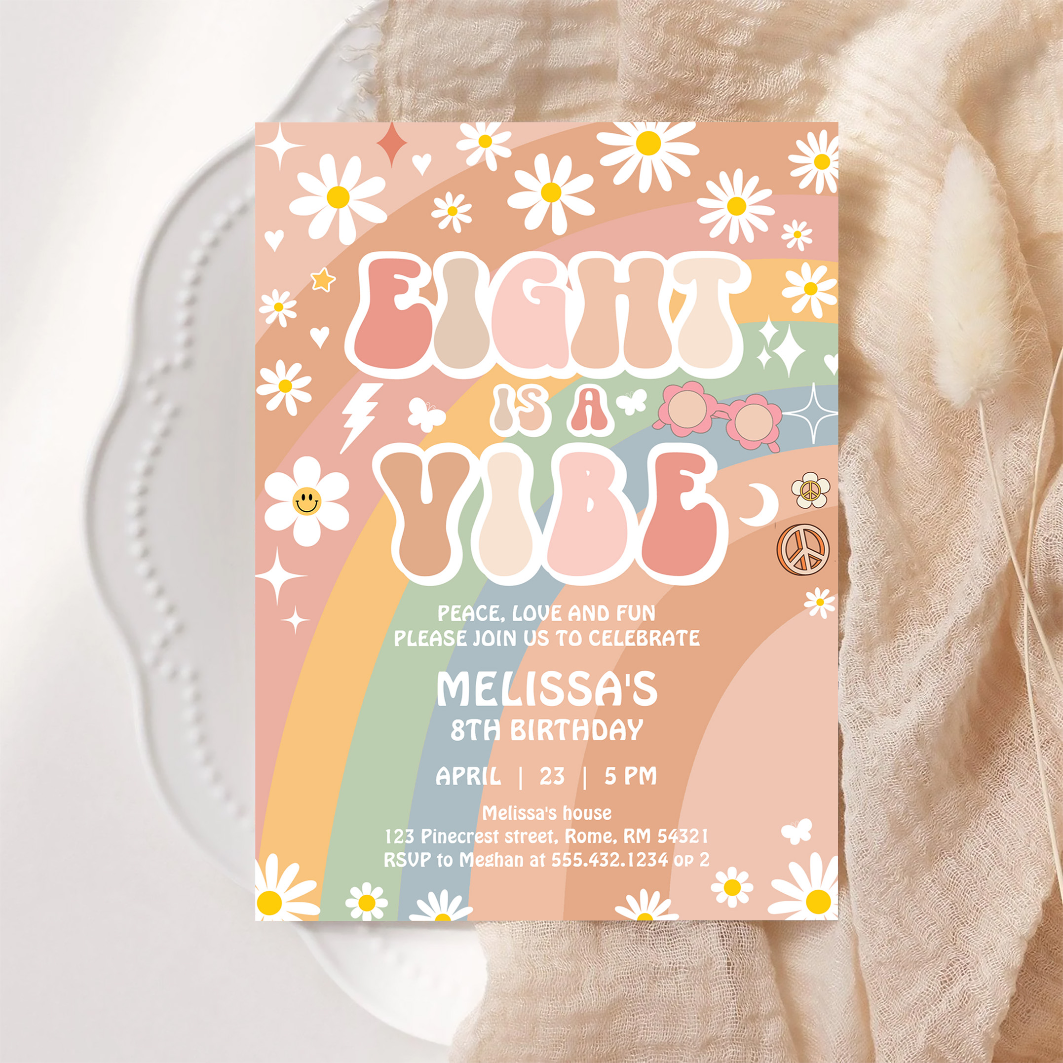 Eight Is A Vibe Groovy Retro 70S 8th Birthday Invitation - Image 6