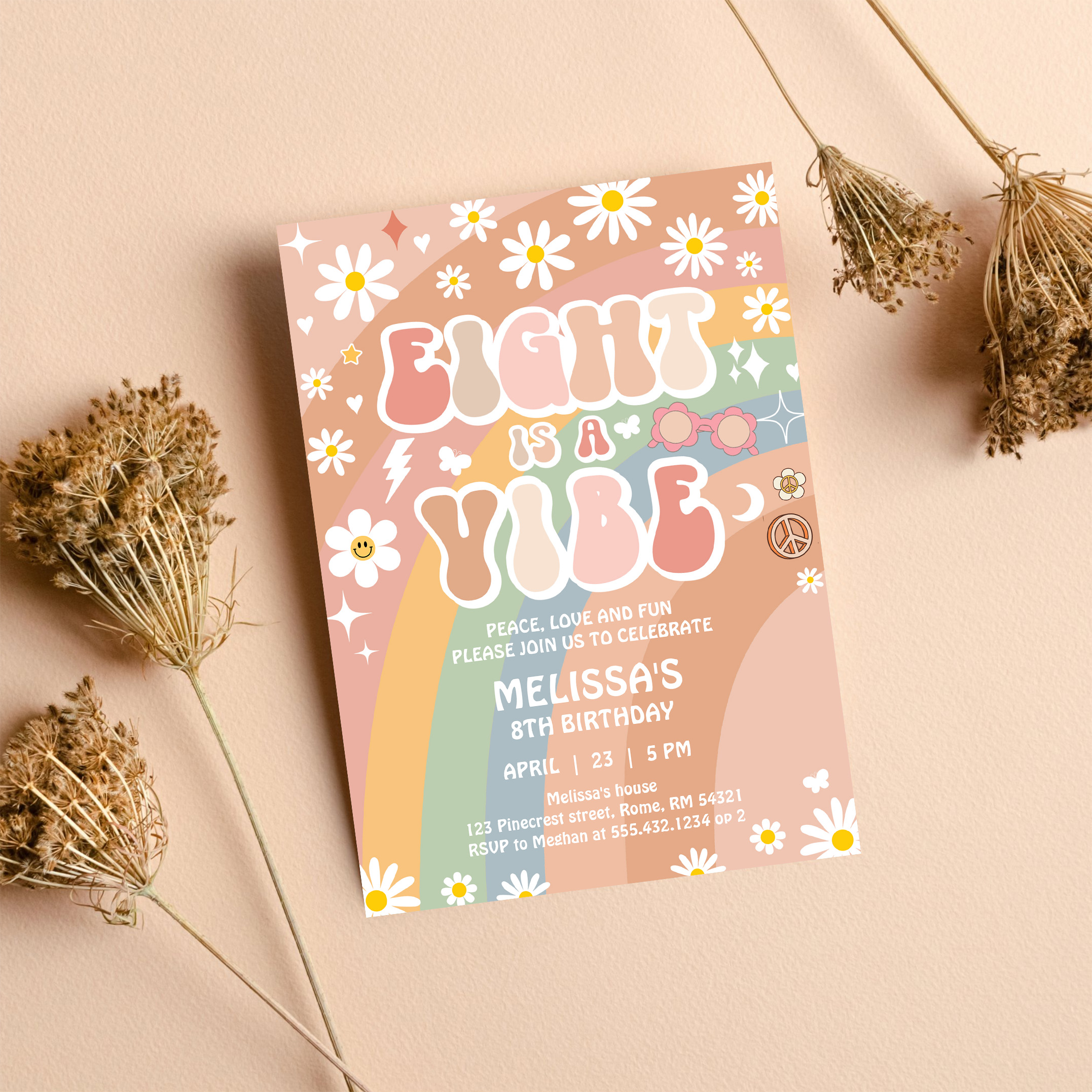 Eight Is A Vibe Groovy Retro 70S 8th Birthday Invitation - Image 8