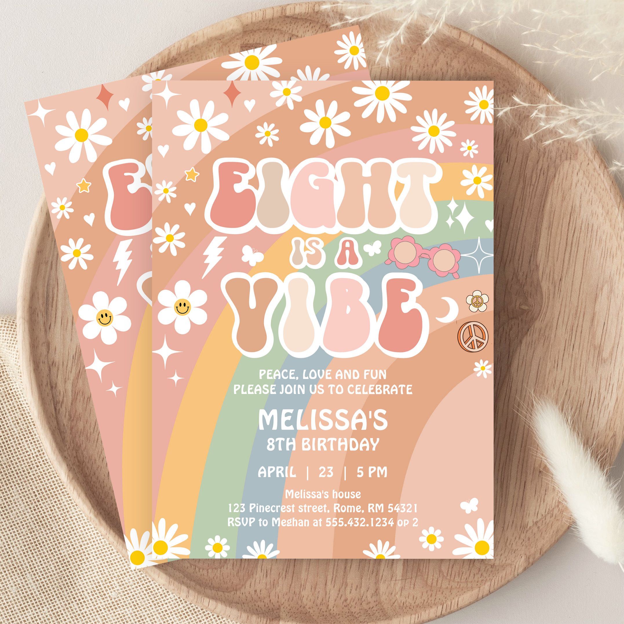 Eight Is A Vibe Groovy Retro 70S 8th Birthday Invitation - Image 9