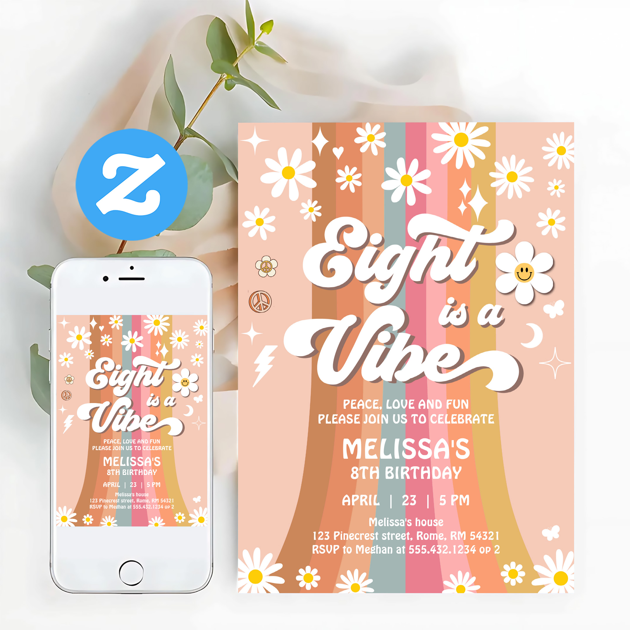 Eight Is A Vibe Groovy Retro Hippie 8th Birthday Invitation - Image 12