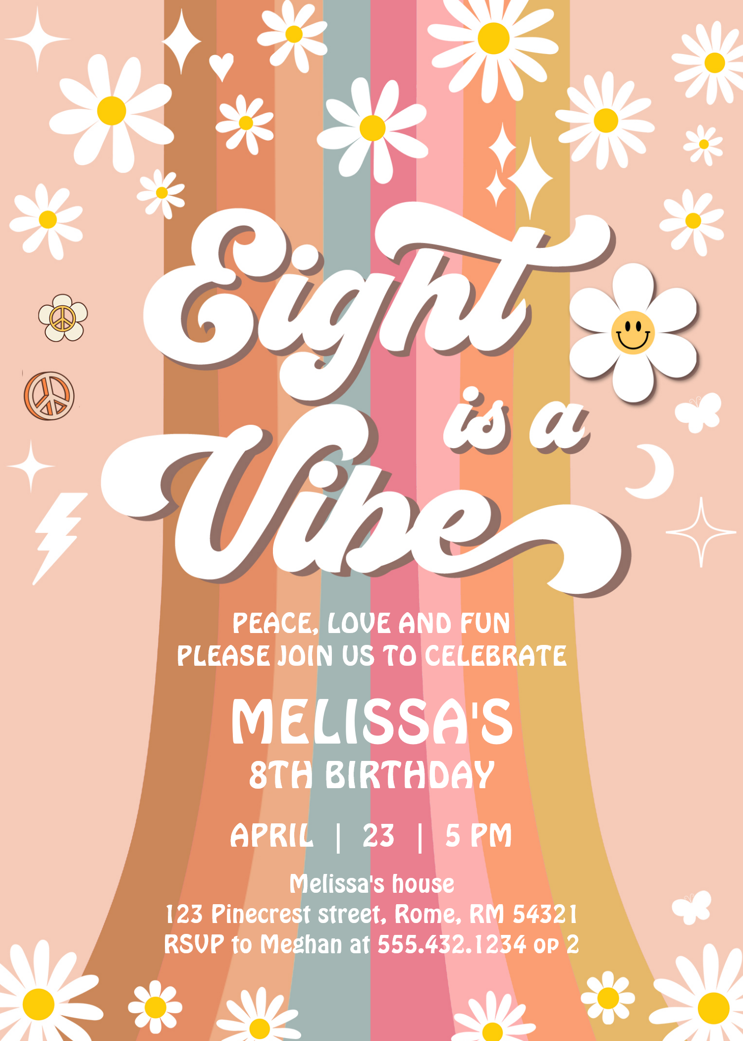 Eight Is A Vibe Groovy Retro Hippie 8th Birthday Invitation