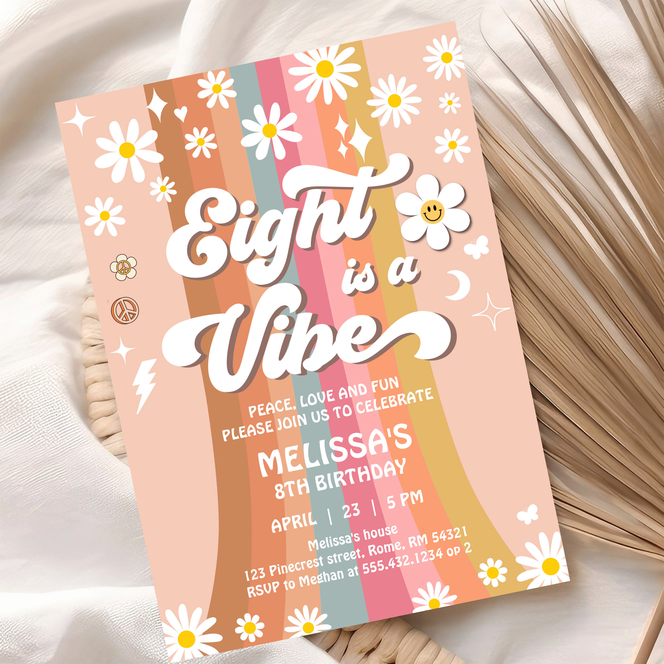 Eight Is A Vibe Groovy Retro Hippie 8th Birthday Invitation - Image 10