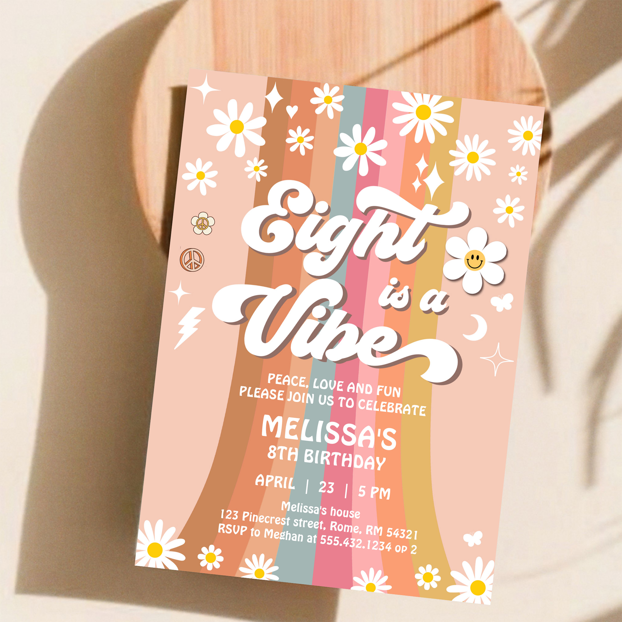 Eight Is A Vibe Groovy Retro Hippie 8th Birthday Invitation - Image 11