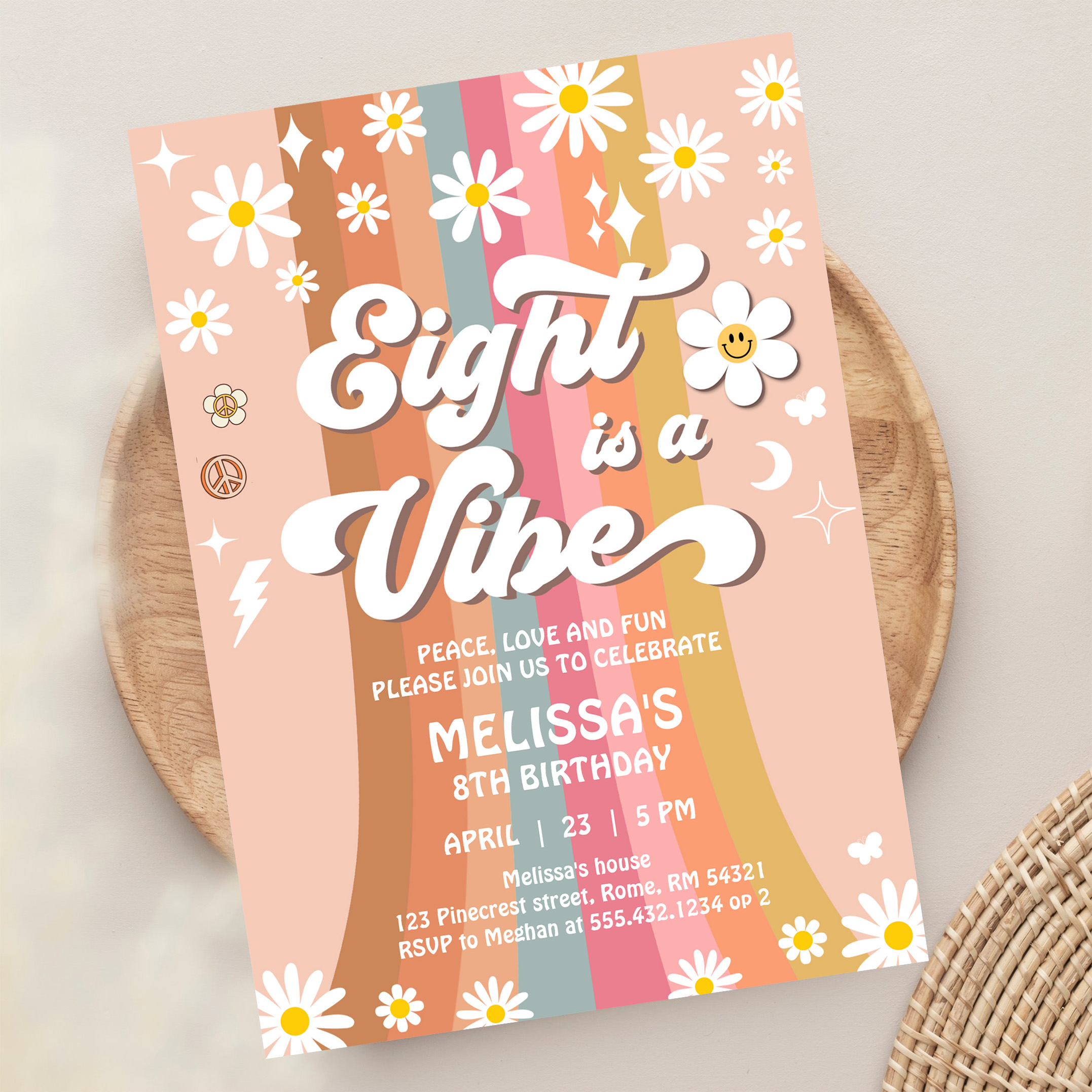 Eight Is A Vibe Groovy Retro Hippie 8th Birthday Invitation - Image 13