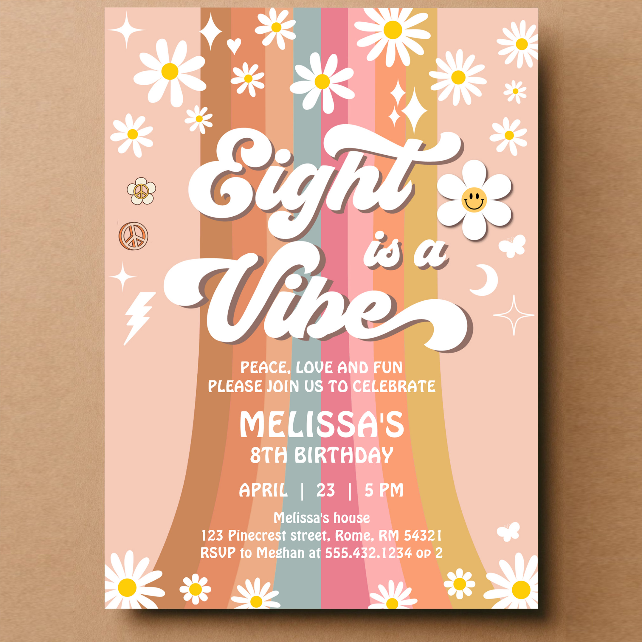 Eight Is A Vibe Groovy Retro Hippie 8th Birthday Invitation - Image 14
