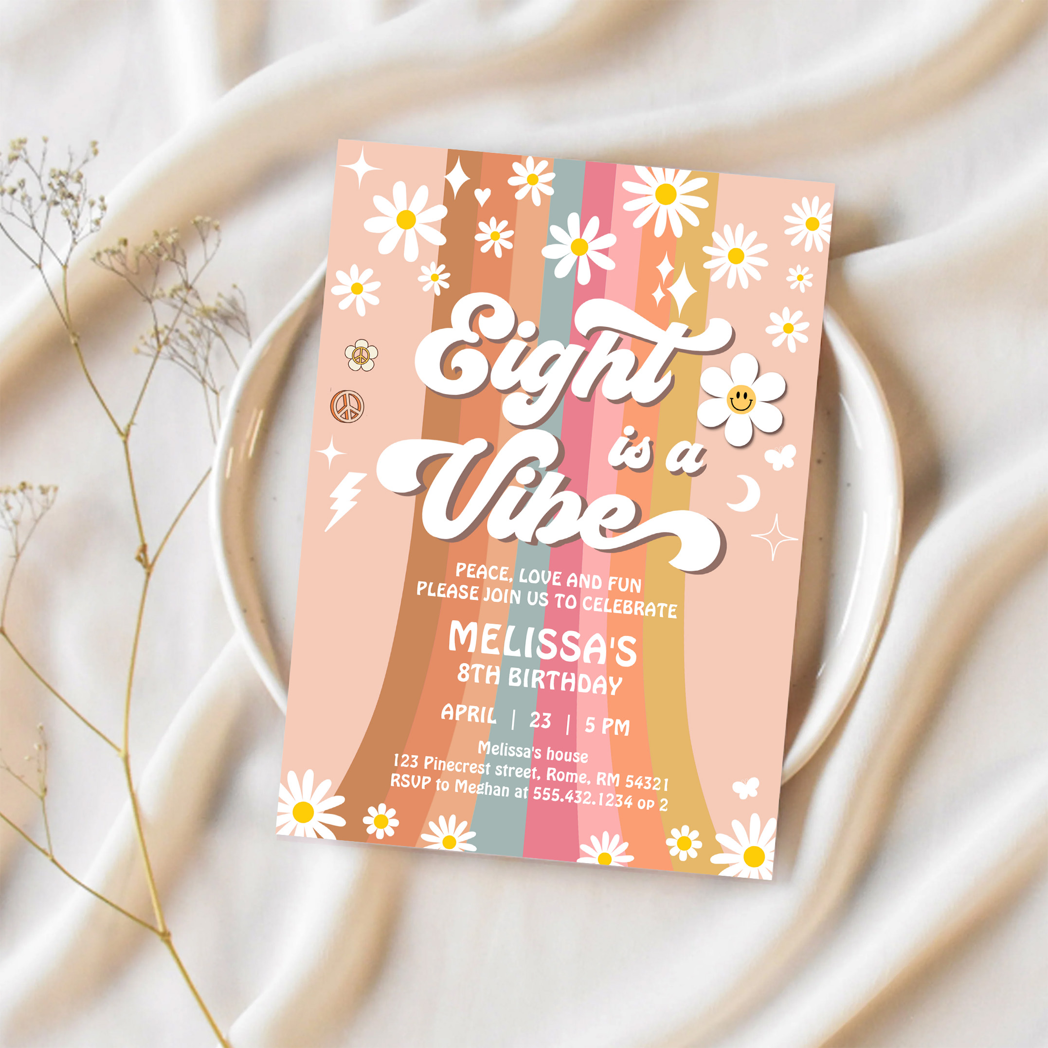 Eight Is A Vibe Groovy Retro Hippie 8th Birthday Invitation - Image 2